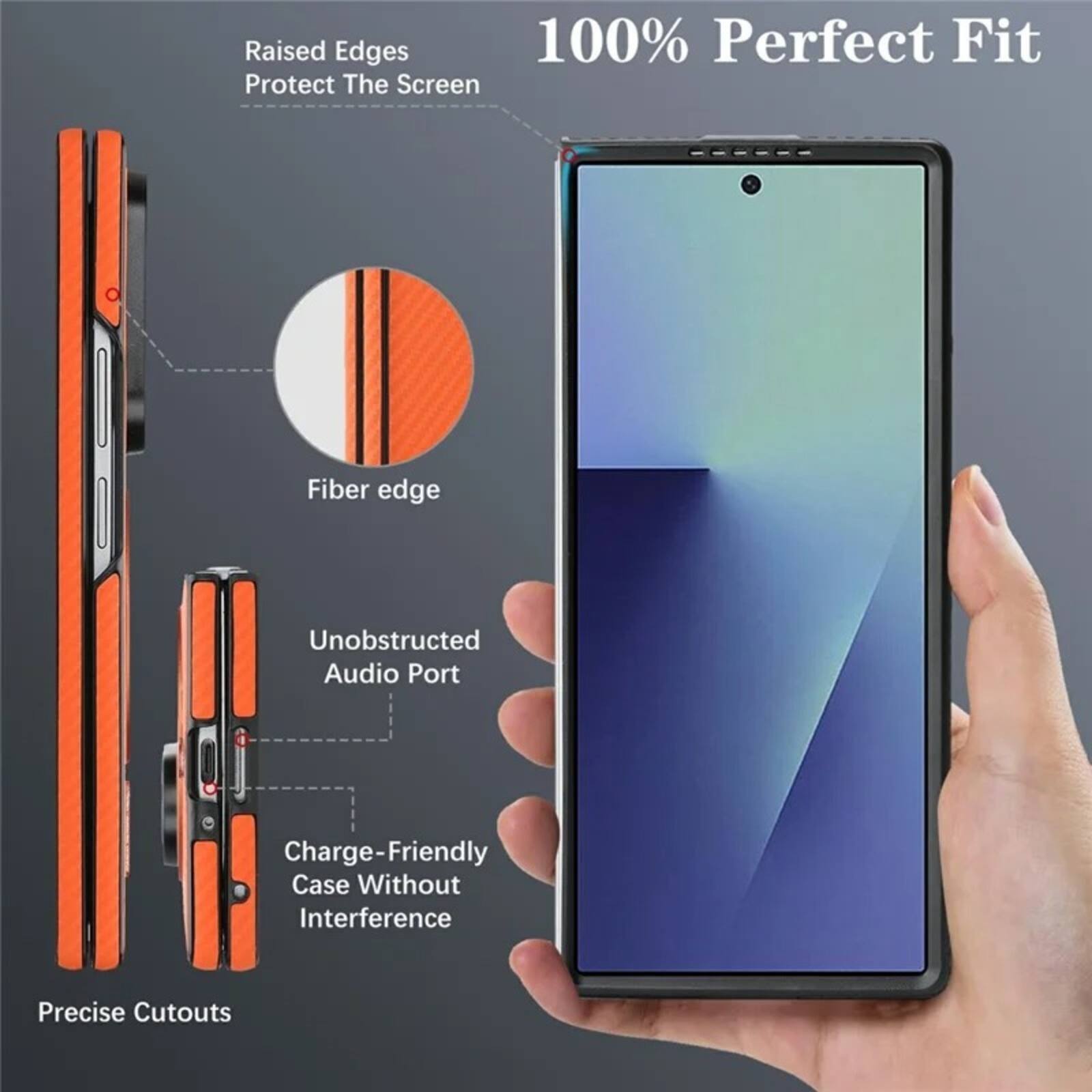 Raised Edges 100% Perfect Fit Protect The Screen  
Fiber edge  
Unobstructed Audio Port  
Charge-Friendly Case Without Interference  
Precise Cutouts