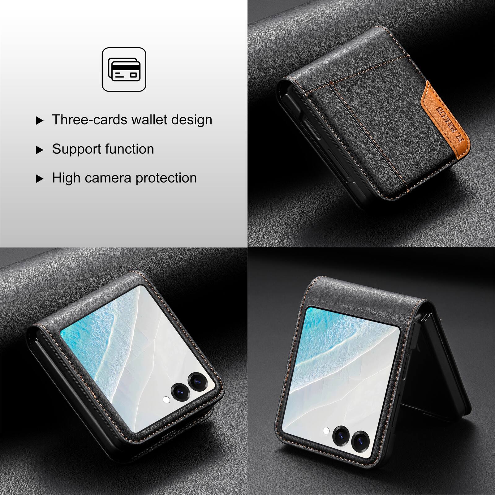 Three-cards wallet design  
Support function  
High camera protection