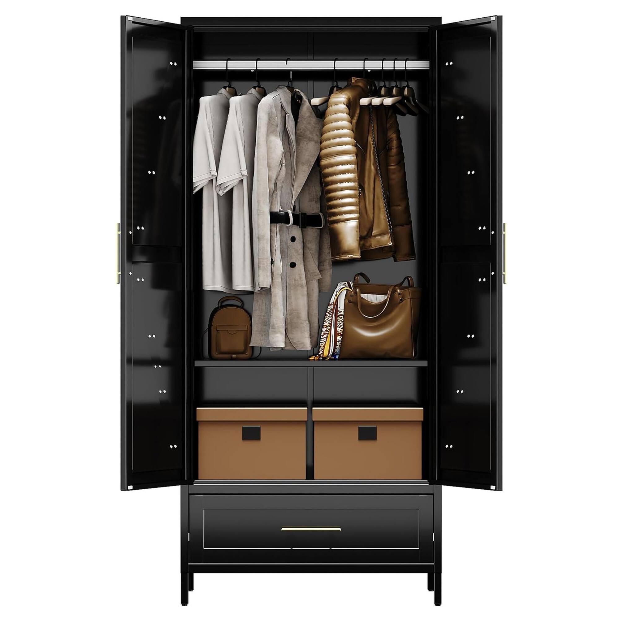 Front. Boyel Living - 71" Metal Wardrobe Closet w/ Drawer and Hanging Rod, Tall Armoire Cabinet with Adjustable Shelf for Bedroom - Black.