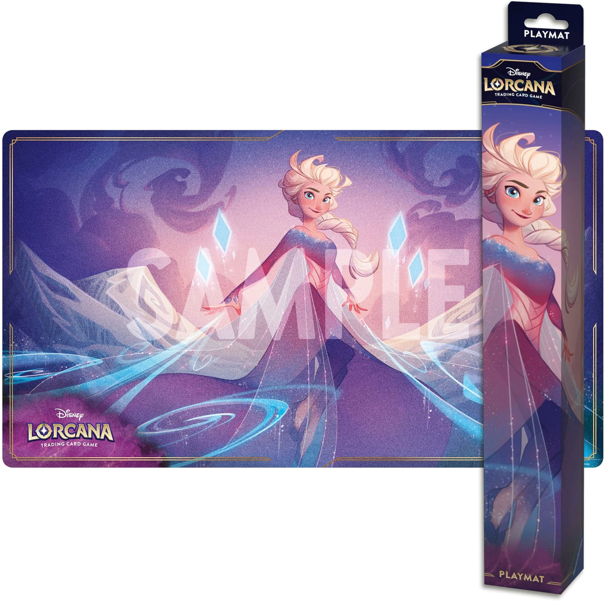 The image features a playmat for the Disney Lorcana trading card game. The playmat features a picture of Elsa from Frozen, and the words "Sample" and "Playmat" are visible on the playmat. The playmat is designed to be used with the trading card game, providing a surface for players to place their cards and interact with the game.