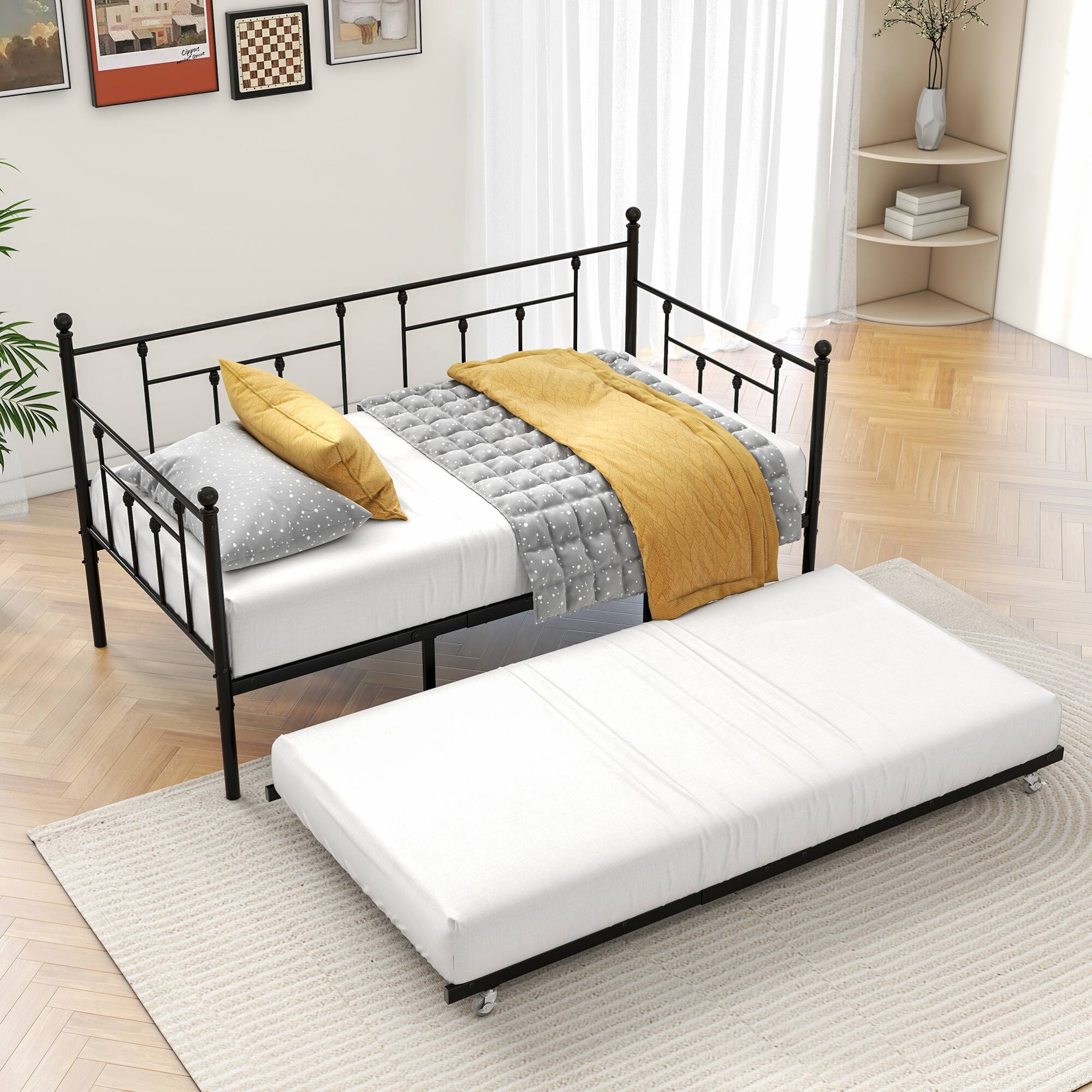 Alt View 1. GOODSILO - Twin Size Metal Daybed Frame with Adjustable Trundle Set for Guest Rooms, Bedrooms, and Living Spaces - Black.