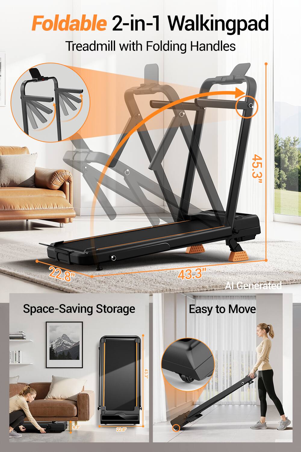 Foldable 2-in-1 Walkingpad Treadmill with Folding Handles

45.3"
22.8"
43.3"

Space-Saving Storage

Easy to Move

43.3"
4.3
22.8"