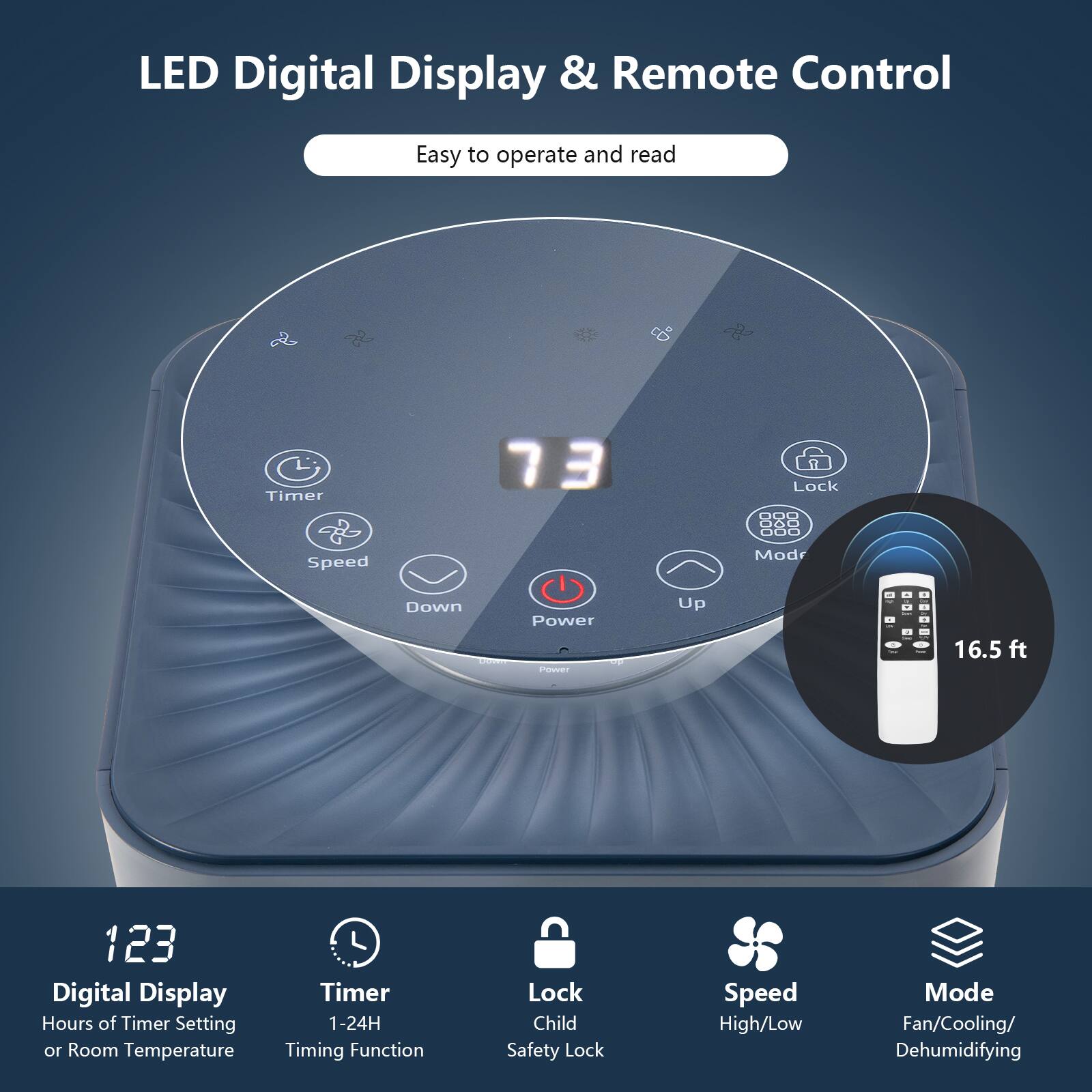 LED Digital Display & Remote Control

Easy to operate and read

- Digital Display: Hours of Timer Setting or Room Temperature
- Timer: 1-24H Timing Function
- Lock: Child Safety Lock
- Speed: High/Low Mode
- Mode: Fan/Cooling/Dehumidifying

123

16.5 ft