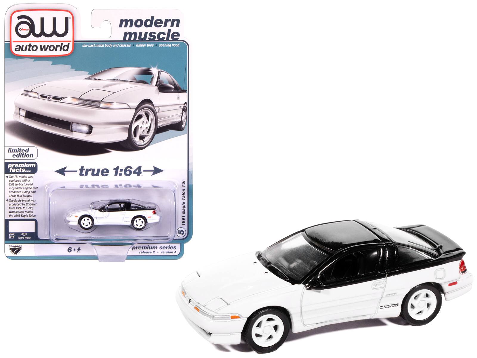 **Modern Muscle**

**Auto World Limited Edition Premium Facts...**

- The TSI model was equipped with a 4-cylinder engine that produced 190hp.
- The Eagle brand was produced by Chrysler from 1986 to 1998.
- The 1991 Eagle Talon TSI was the last model of the Eagle brand.

**True 1:64**

**Limited Edition**

**Premium Series Release 2**

**1991 Eagle Talon TSI**

**Version A**

**6+**