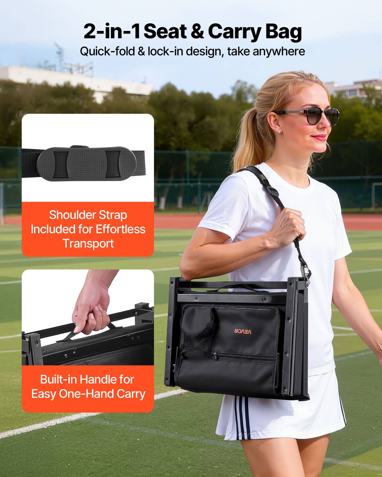2-in-1 Seat & Carry Bag  
Quick-fold & lock-in design, take anywhere  

Shoulder Strap Included for Effortless Transport  

Built-in Handle for Easy One-Hand Carry