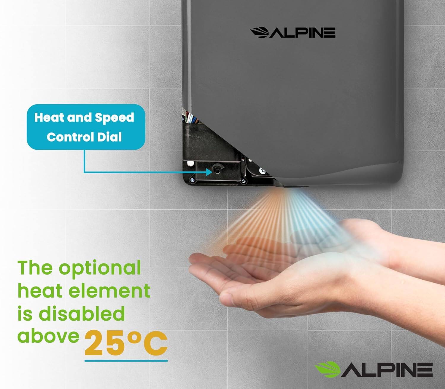ALPINE, Heat and Speed Control Dial, The optional heat element is disabled above 25°C, ALPINE