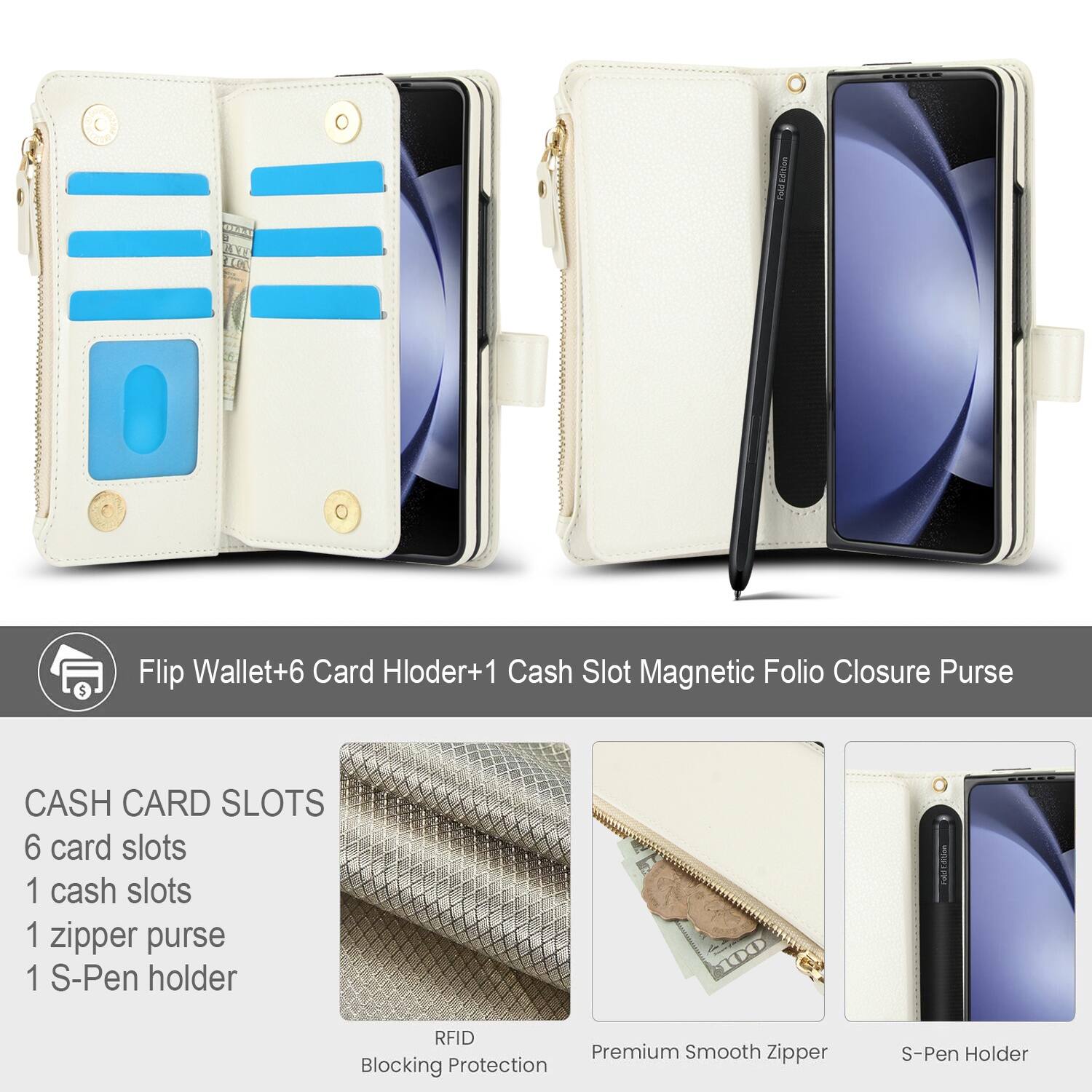 OLLE O Poldtaition C $ Flip Wallet+6 Card Holder+1 Cash Slot Magnetic Folio Closure Purse

CASH CARD SLOTS
6 card slots
1 cash slots
1 zipper purse
1 S-Pen holder

RFID Blocking Protection
Premium Smooth Zipper
S-Pen Holder
