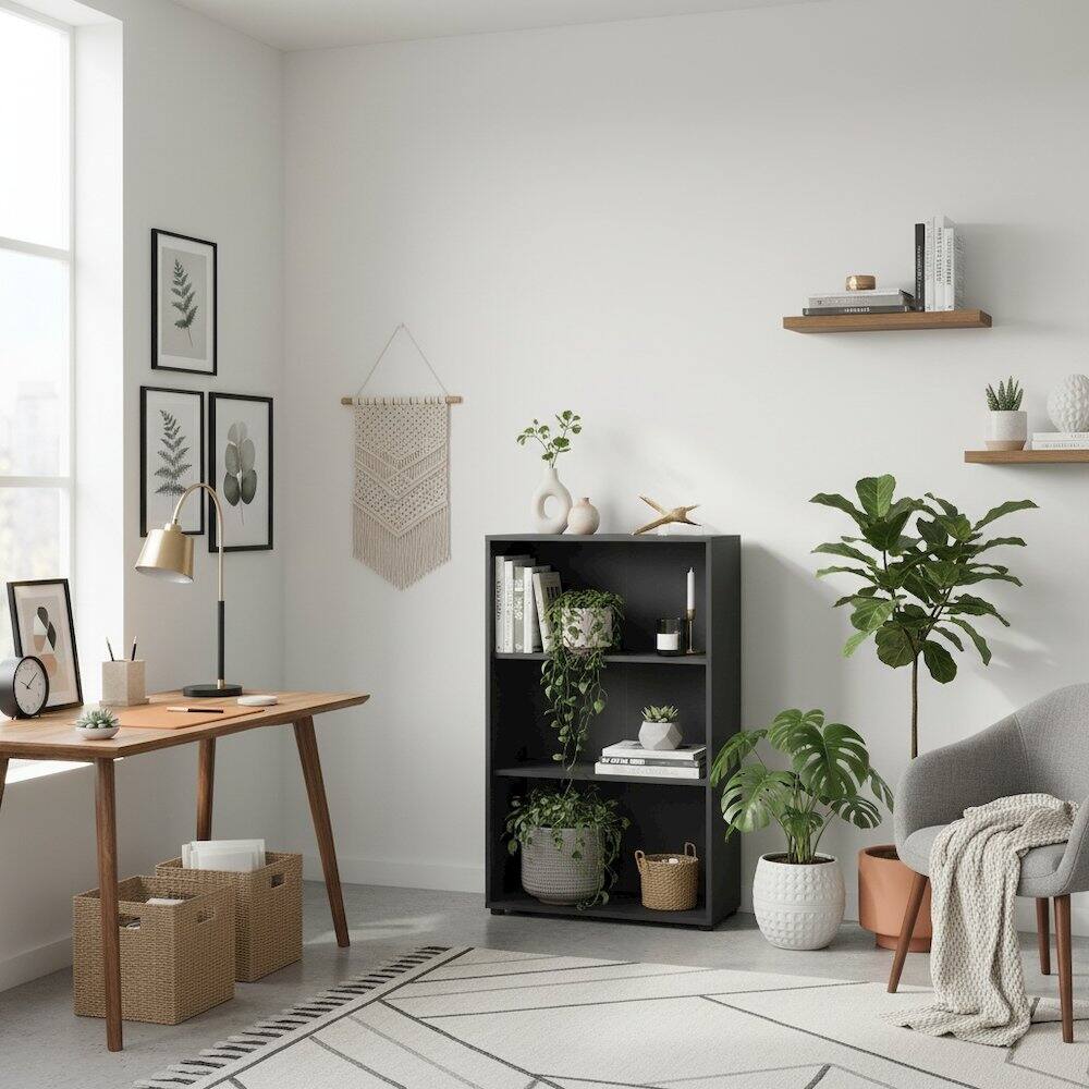 Angle. FurniFact - Modern 3-Shelf Bookcase with Adjustable Storage for Home Office - Gray.
