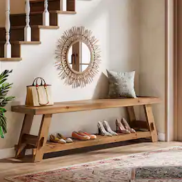 Tribesigns - Office Reception Bench with Solid Wood Construction, Storage Shelves, for Office Entryways and Waiting Areas - Brown