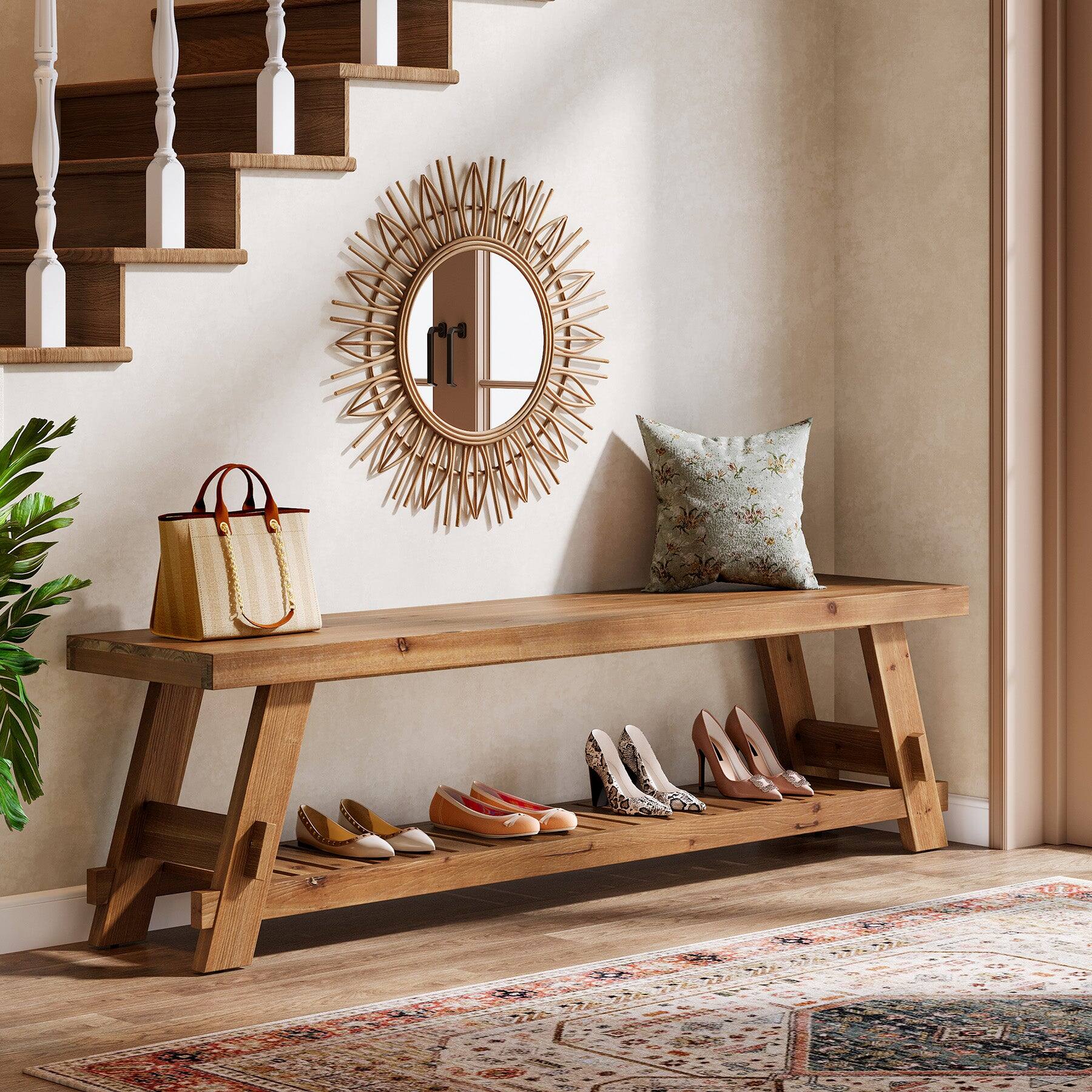 Front. Tribesigns - Office Reception Bench with Solid Wood Construction, Storage Shelves, for Office Entryways and Waiting Areas - Brown.