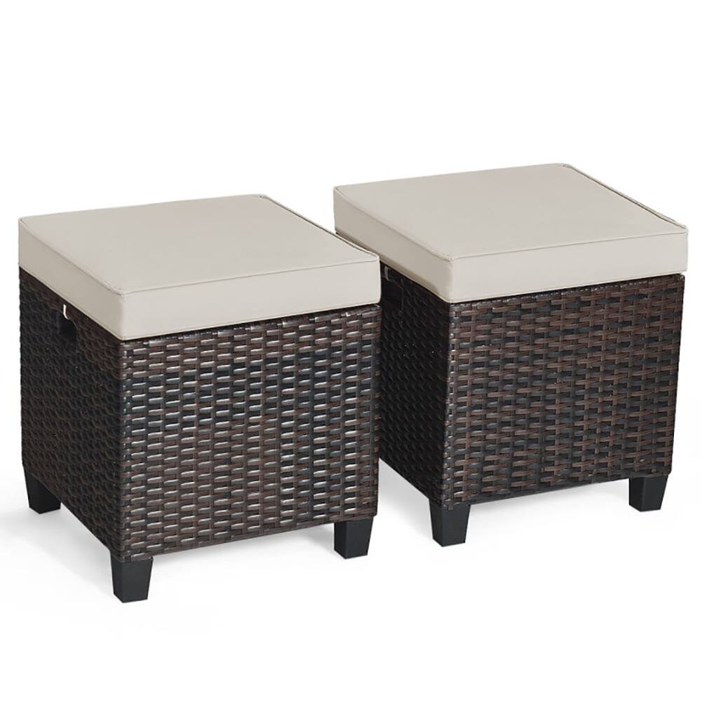 Alt View 4. Kadyn - 2 Pieces Patio Rattan Ottoman Set with Removable Cushions-Beige, All Weather Wicker Ottoman, Outdoor Patio Ottomans - Beige.