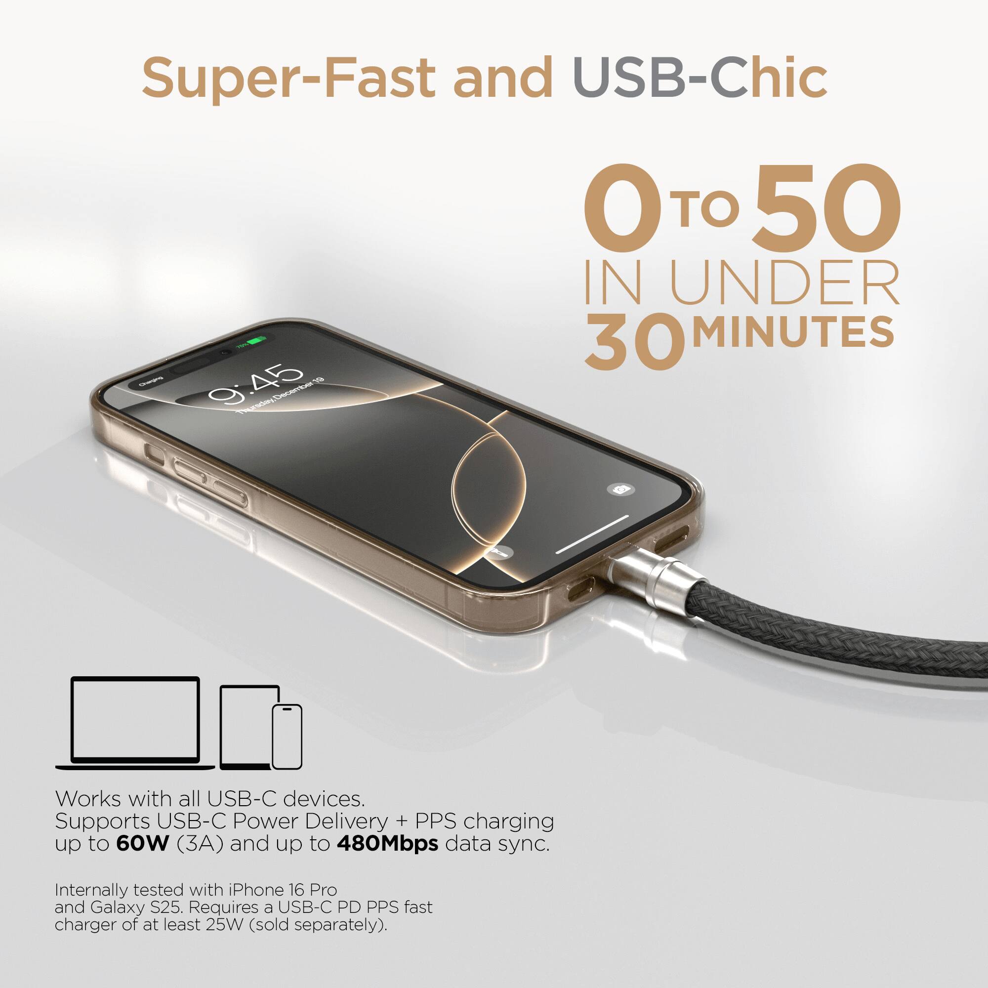 Super-Fast and USB-Chic

0 to 50 IN UNDER 30 MINUTES

Works with all USB-C devices. Supports USB-C Power Delivery + PPS charging up to 60W (3A) and up to 480Mbps data sync. Internally tested with iPhone 16 Pro and Galaxy S25. Requires a USB-C PD PPS fast charger of at least 25W (sold separately).