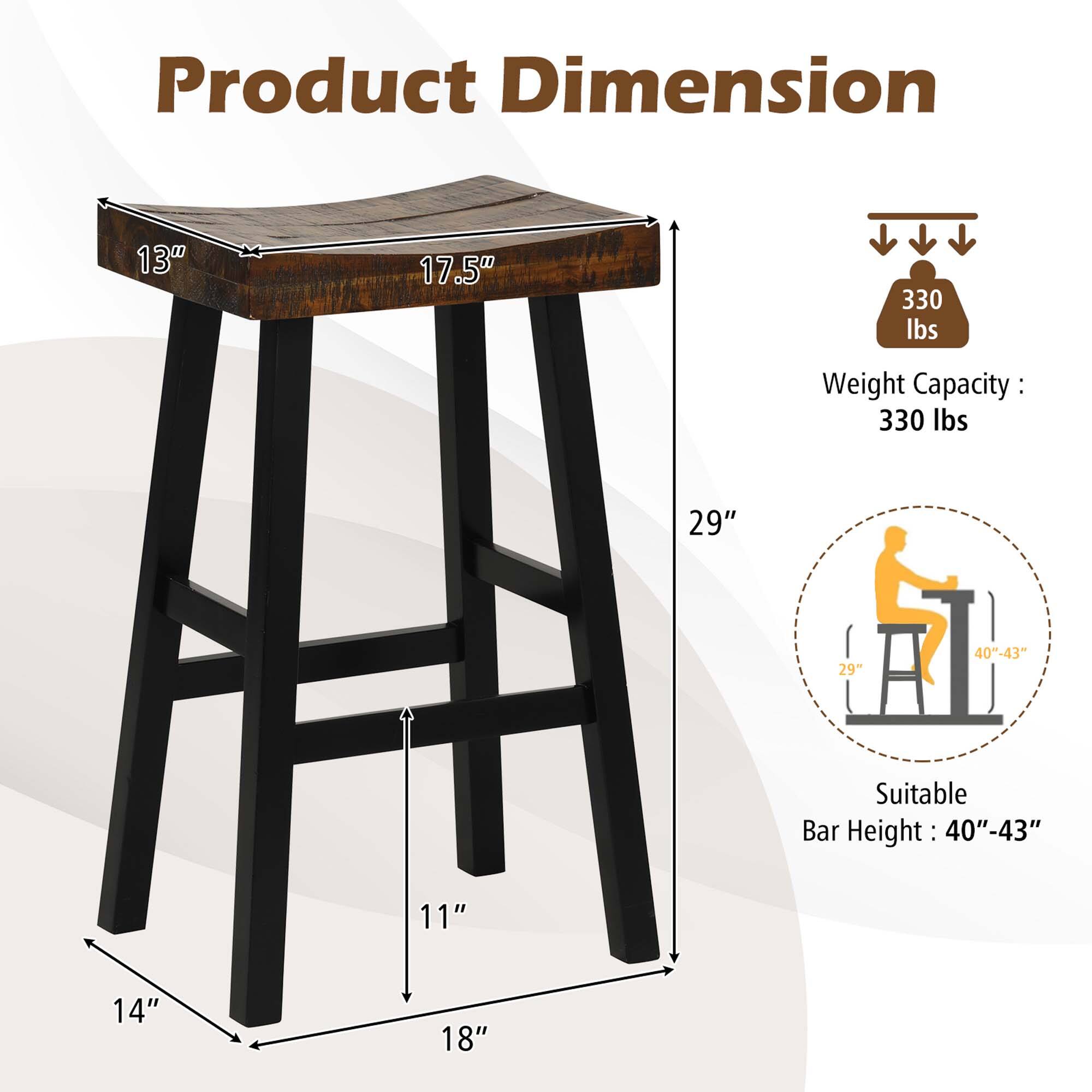 Product Dimension: 13" x 17.5" x 330 lbs Weight Capacity: 330 lbs 29" x 29" x 40"-43" Suitable Bar Height: 40"-43" 11" x 14" x 18"