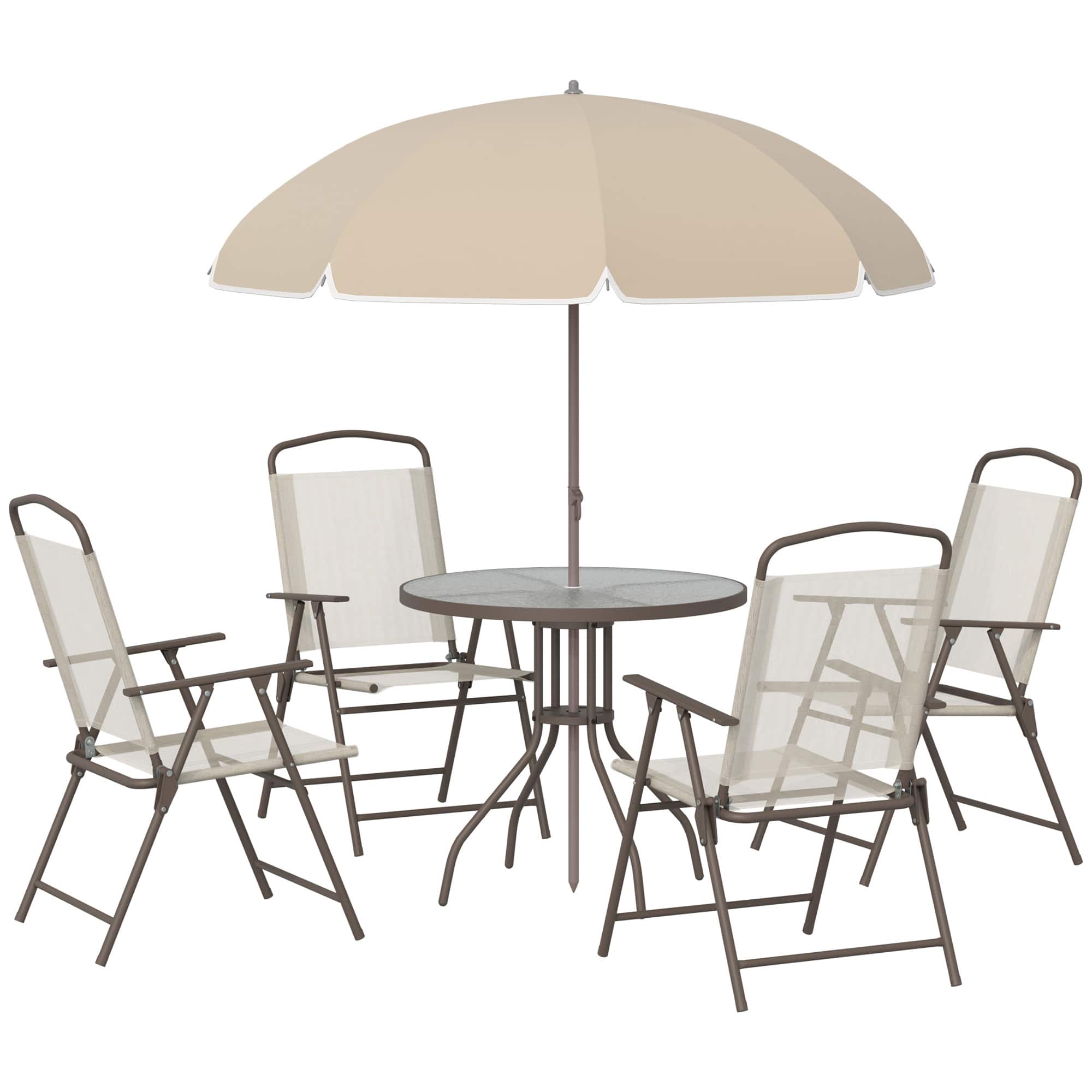 Outsunny - 6 Piece Patio Dining Set for 4 with Umbrella, Outdoor Table and Chairs with 4 Folding Dining Chairs & Round Glass Table - Beige
