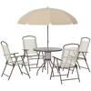Front. Outsunny - 6 Piece Patio Dining Set for 4 with Umbrella, Outdoor Table and Chairs with 4 Folding Dining Chairs & Round Glass Table - Beige.