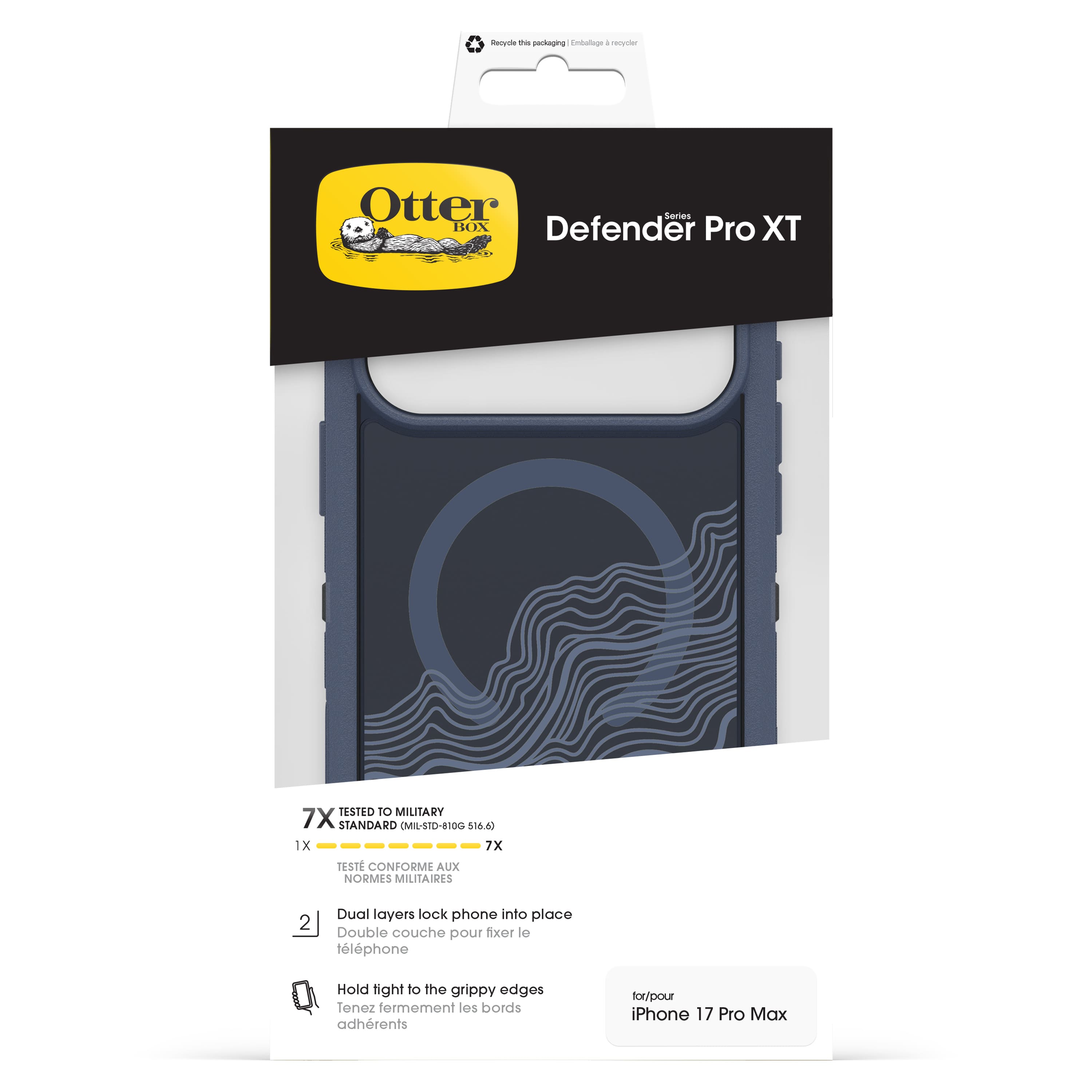 Sure, here is the corrected and grouped text from the image:
---
**Otter Box**
**Defender Pro XT**
**7X TESTED TO MILITARY STANDARD (MIL-STD-810G 516.6)**
1X 7X
**TESTÉ CONFORME AUX NORMES MILITAIRES**
**1.** Dual layers lock phone into place
Double couche pour fixer le téléphone
**2.** Hold tight to the grippy edges
Tenez fermement les bords adhérents
**for/pour iPhone 17 Pro Max**
---
**Recycle the package**