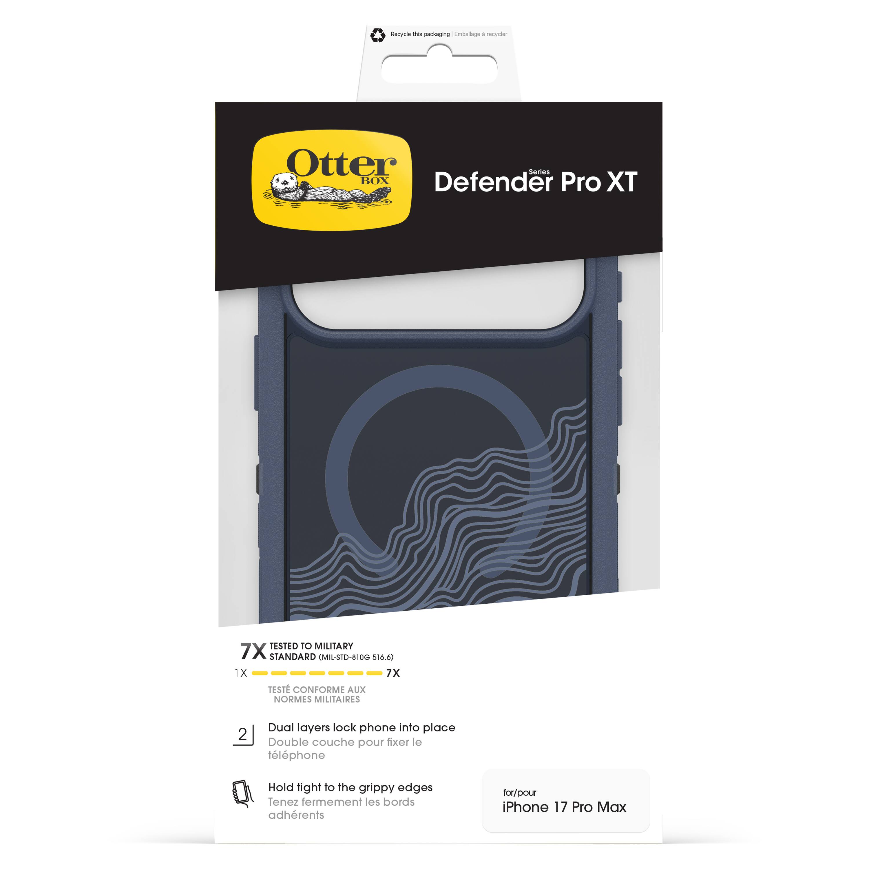 Sure, here is the corrected and grouped text from the image:

---

**Otter Box**

**Defender Pro XT**

**7X TESTED TO MILITARY STANDARD (MIL-STD-810G 516.6)**  
1X 7X

**TESTÉ CONFORME AUX NORMES MILITAIRES**

**1.** Dual layers lock phone into place  
Double couche pour fixer le téléphone

**2.** Hold tight to the grippy edges  
Tenez fermement les bords adhérents

**for/pour iPhone 17 Pro Max**

---

**Recycle the package**