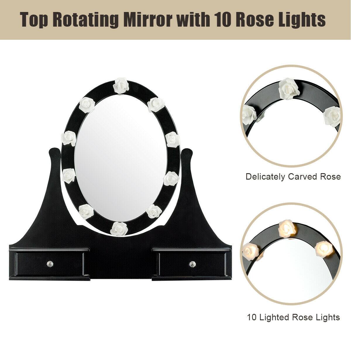 Top Rotating Mirror with 10 Rose Lights

- Delicately Carved Rose
- 10 Lighted Rose Lights