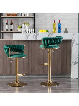 Trinkets Crazed - Gold Bar Stools Set Of 2, 360° Swivel Bar Stools Counter Height Bar Stools, Velvet Adjustable Height Barstools - Green
