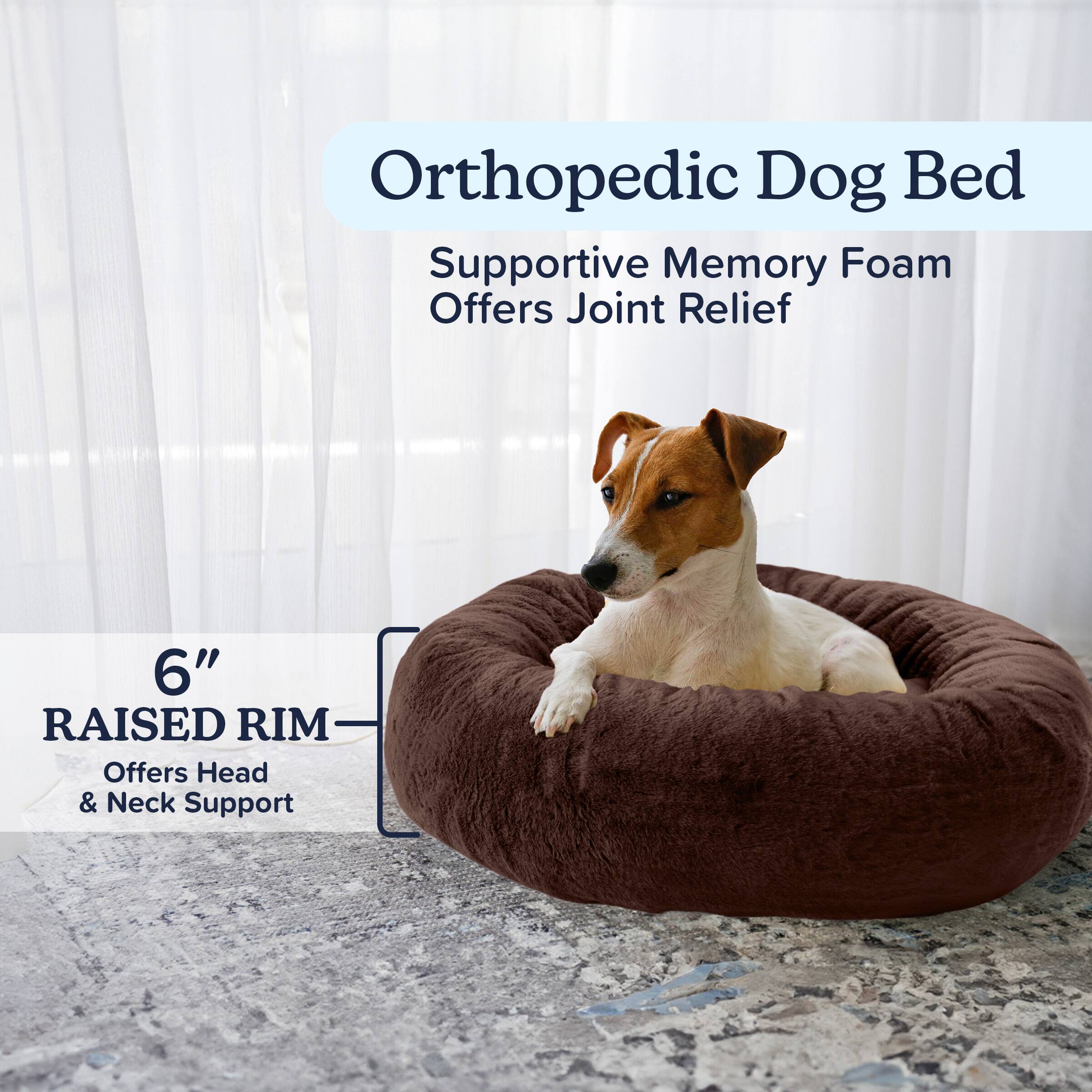 Orthopedic Dog Bed

Supportive Memory Foam  
Offers Joint Relief

6" RAISED RIM  
Offers Head & Neck Support