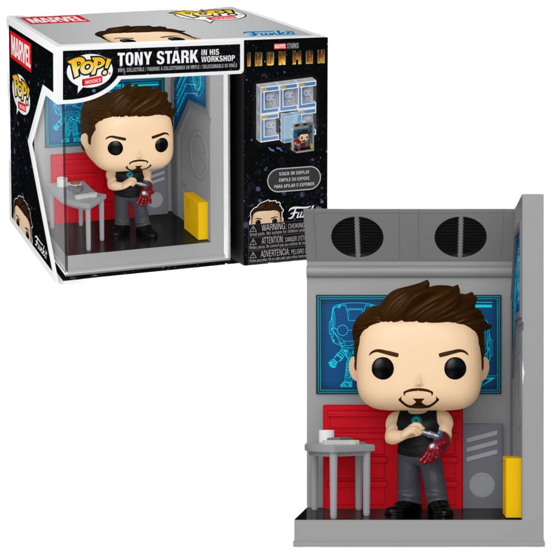 Sure, here is the corrected and grouped text from the image:

---

**Front of the Box:**
- MARVEL
- POP! Marvel
- TONY STARK IN HIS WORKSHOP
- POP! MARVEL
- NOOKS
- WARNING: CHOKING HAZARD - Small parts. Not for children under 3 years.
- ATTENTION: PELIGRO DE AHOGO - Piezas pequeñas. No es para niños menores de 3 años.
- ADVERTENCIA: PELIGRO DE AHOGO - Piezas pequeñas. No es para niños menores de 3 años.

**Side of the Box:**
- POP! MARVEL
- TONY STARK IN HIS WORKSHOP
- WARNING: CHOKING HAZARD - Small parts. Not for children under 3 years.
- ATTENTION: PELIGRO DE AHOGO - Piezas pequeñas. No es para niños menores de 3 años.
- ADVERTENCIA: PELIGRO DE AHOGO - Piezas pequeñas. No es para niños menores de 3 años.

**Back of the Box:**
- POP! MARVEL
- TONY STARK IN HIS