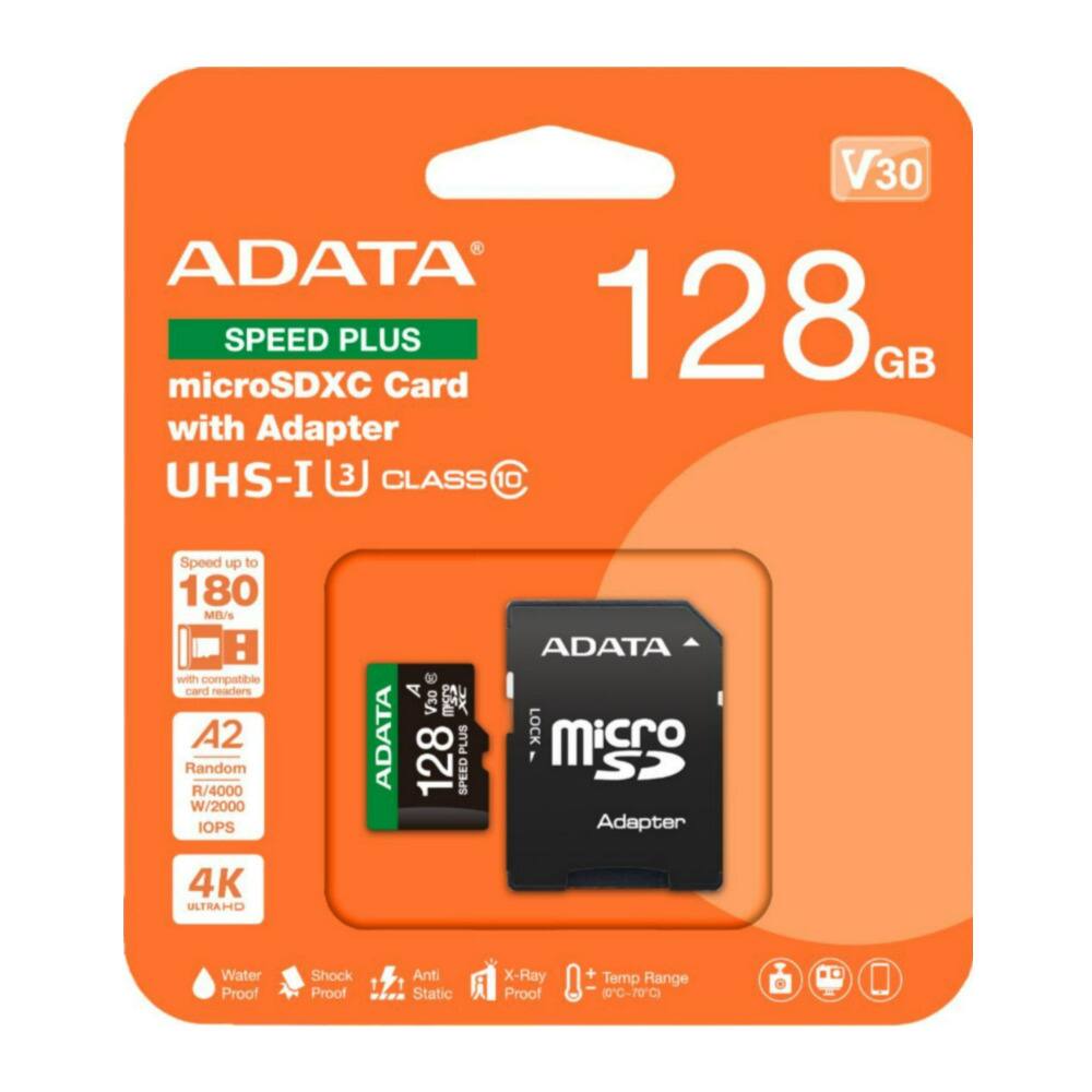 ADATA SPEED PLUS 128 GB microSDXC Card with Adapter  
UHS-I V30 Class 10  
Speed up to 180 MB/s with compatible card readers  
A2 Random R/4000 W/2000 IOPS  
4K ULTRA HD  
Water Proof, Shock Proof, Anti Static, X-Ray Proof  
Temp Range: 0°C to 70°C