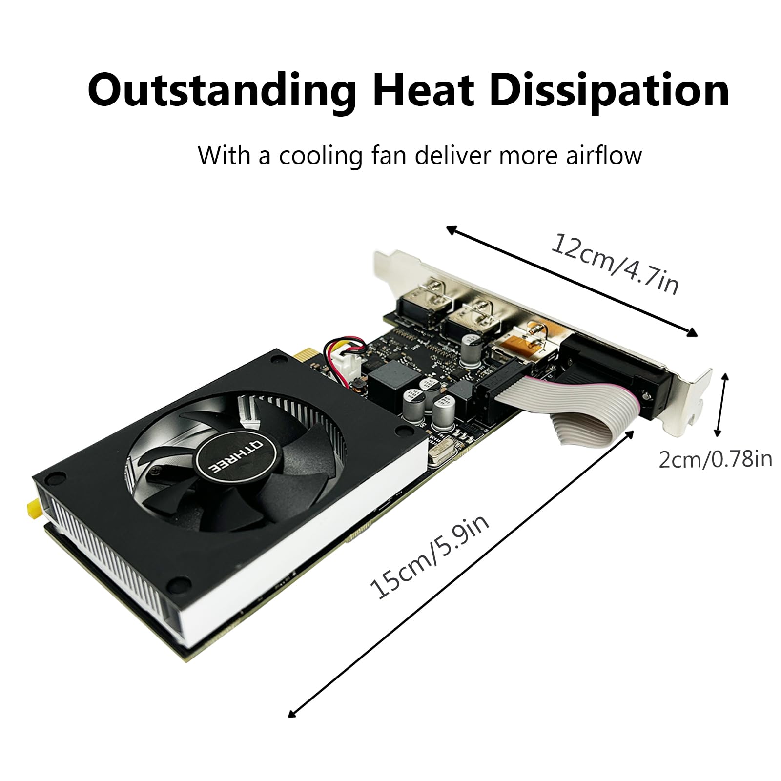 Outstanding Heat Dissipation  
With a cooling fan deliver more airflow  

12cm/4.7in  
15cm/5.9in  
2cm/0.78in
