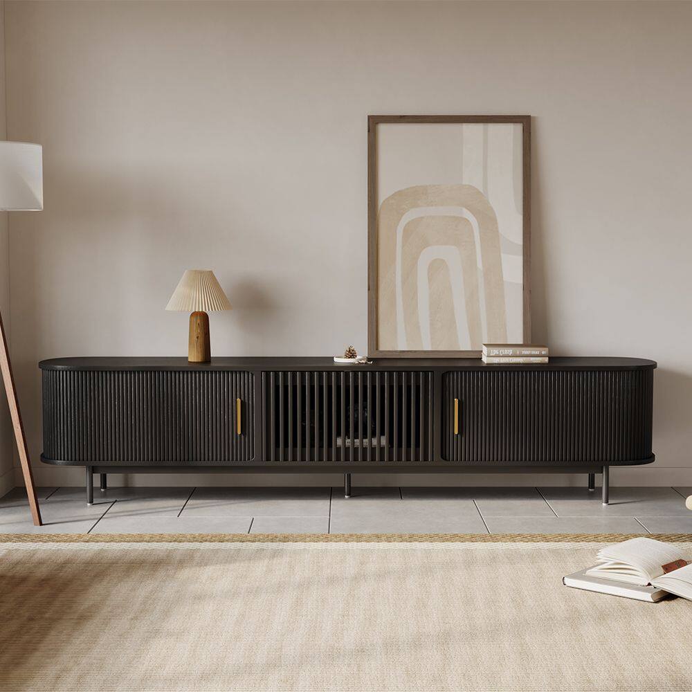 Angle. POVISON - 94"Mid-Century Modern Tambour Door TV Stand ,Black - Black.