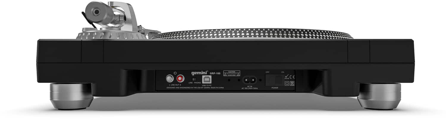 gemini
GRP-100
L LINE OUT R
LINE PHONO
USB TO PC
DESIGNED AND ENGINEERED IN THE USA BY GEMINI, MADE IN CHINA
AC 100-240V 50/60Hz
POWER
CAUTION
OFF
ON