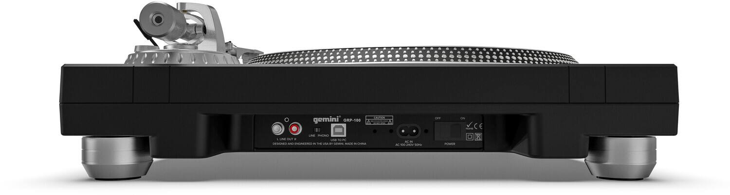gemini  
GRP-100  
L LINE OUT R  
LINE PHONO  
USB TO PC  
DESIGNED AND ENGINEERED IN THE USA BY GEMINI, MADE IN CHINA  

AC 100-240V 50/60Hz  
POWER  

CAUTION  
OFF  
ON