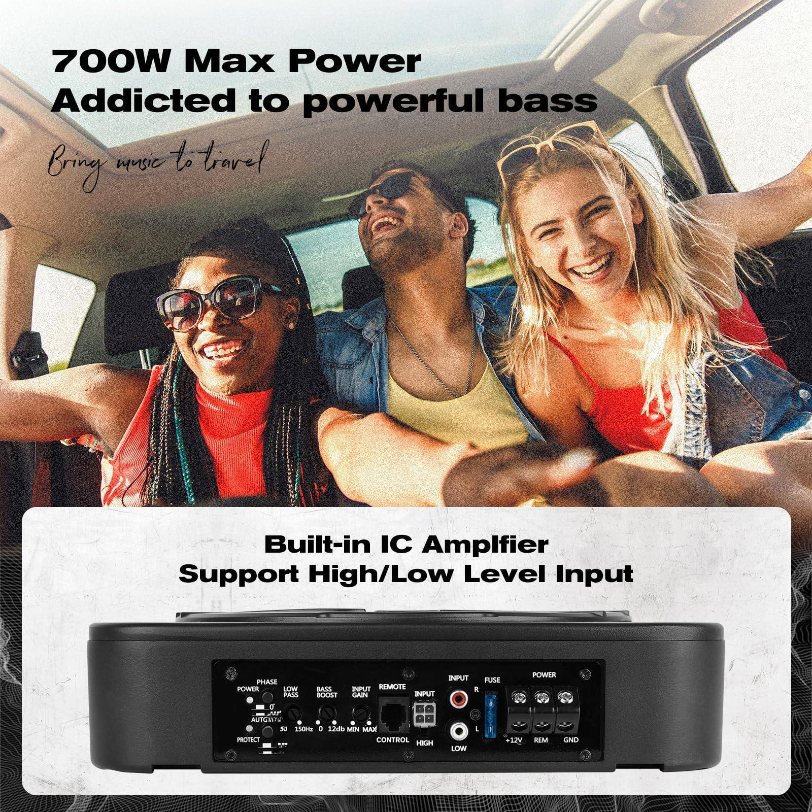 700W Max Power  
Addicted to powerful bass  
Bring music to travel  

Built-in IC Amplifier  
Support High/Low Level Input