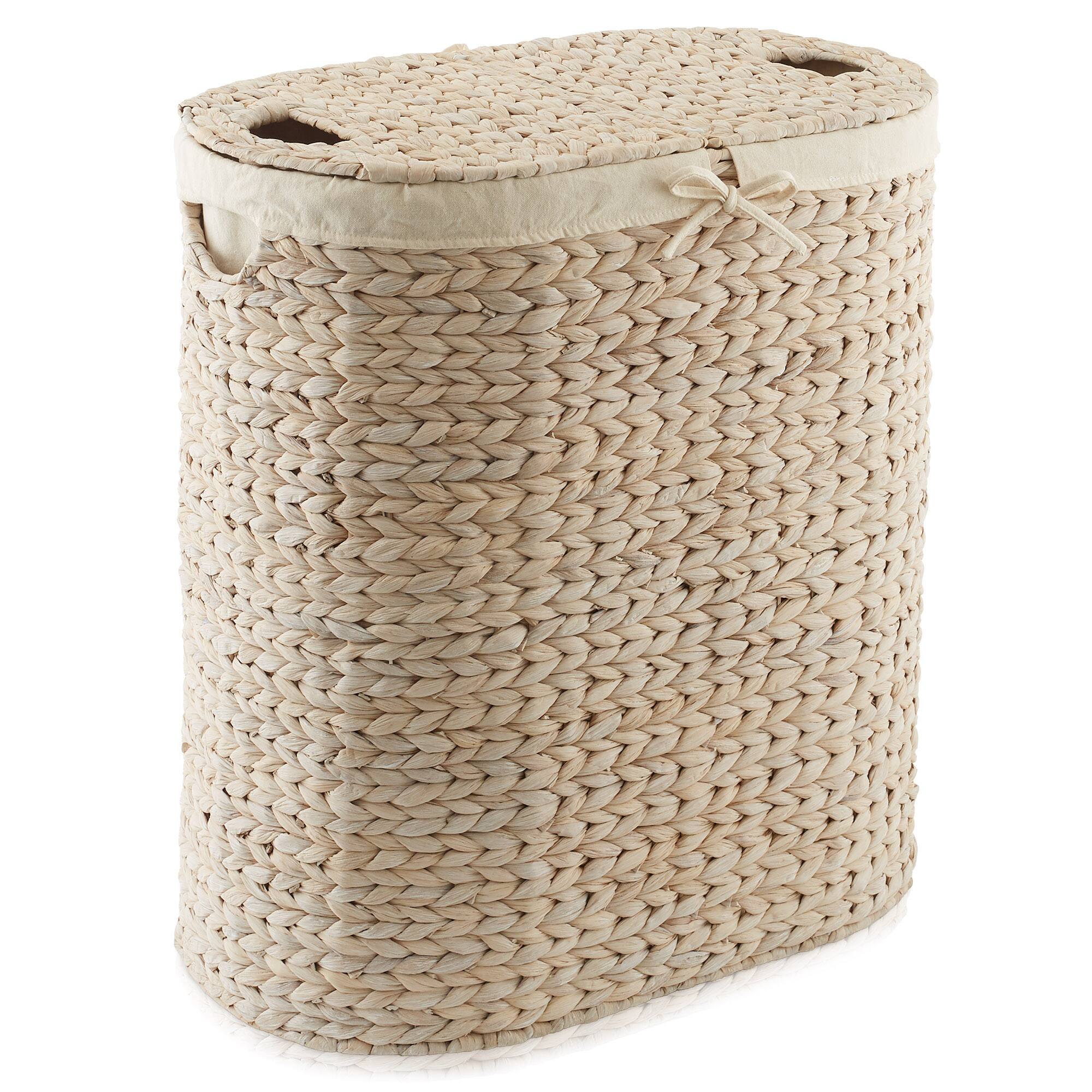 Alt View 3. Casafield - 2-Section Oval Laundry Hamper Basket w Lids and Liner Bags for Clothes - Whitewash.
