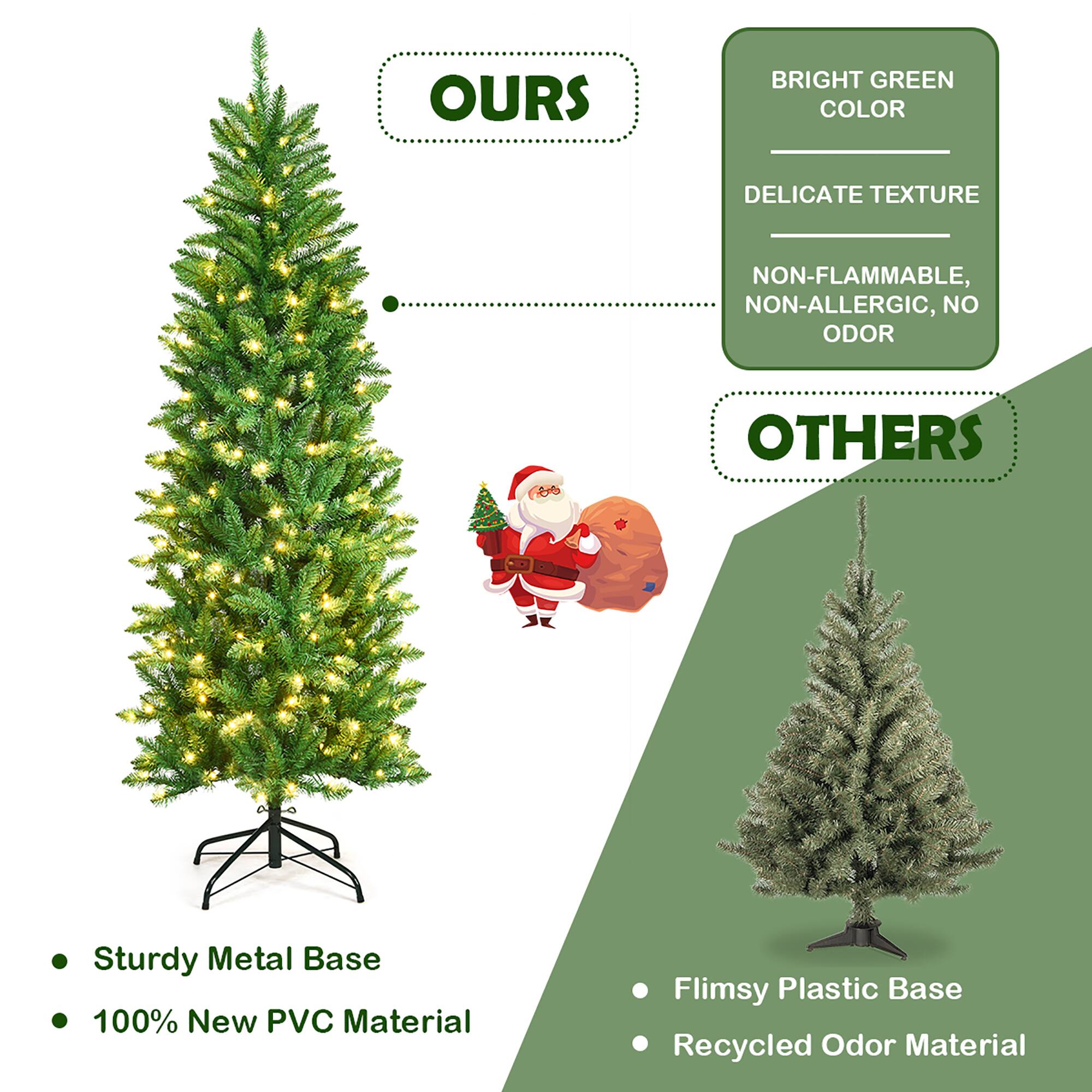 OURS: Bright Green Color, Delicate Texture, Non-Flammable, Non-Allergic, No Odor.
OTHERS: Sturdy Metal Base, 100% New PVC Material, Flimsy Plastic Base, Recycled Odor Material.
