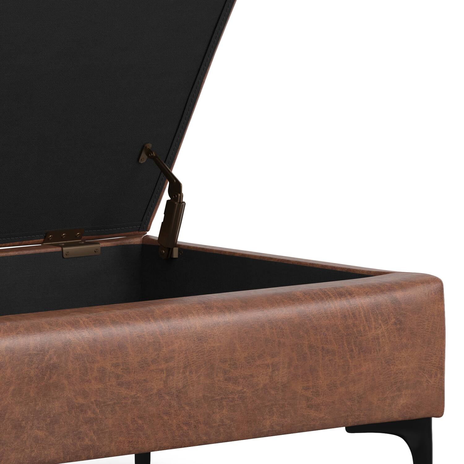 Alt View 5. Simpli Home - Rebecca 48 inch Mid Century Modern Storage Ottoman with Lift up Lid in Distressed Saddle Brown Faux Leather, Assembled - Distressed Saddle Brown.