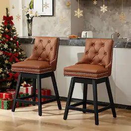 KERDOM - Swivel Bar Stools with Backs, 26" Counter Barstools Set of 2, PU Leather Upholstered Kitchen Island Chairs for Home Bar - Camel