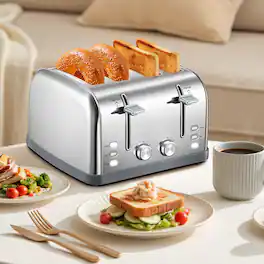 KEINVE - 4-Slice Toaster, Extra Wide Slots, Stainless Steel, Bagel/Muffin, 7 Settings, Removable Tray & Warming Rack - Silver