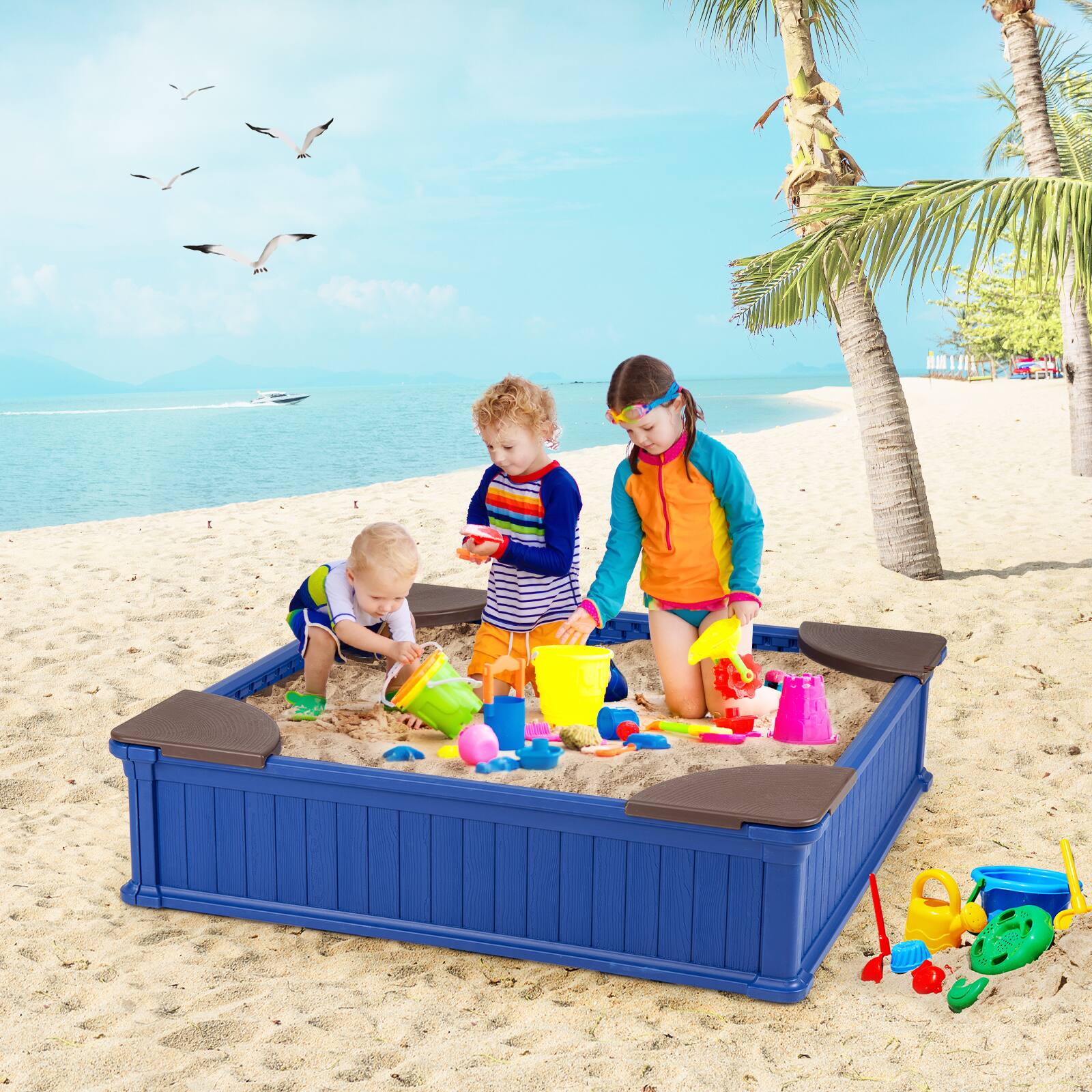 Alt View 1. Gymax - Gymax Kids Outdoor Sandbox 48.5'' x 48.5'' x 12.5'' Large HDPE Sandpit w/ Oxford Cover - Navy.