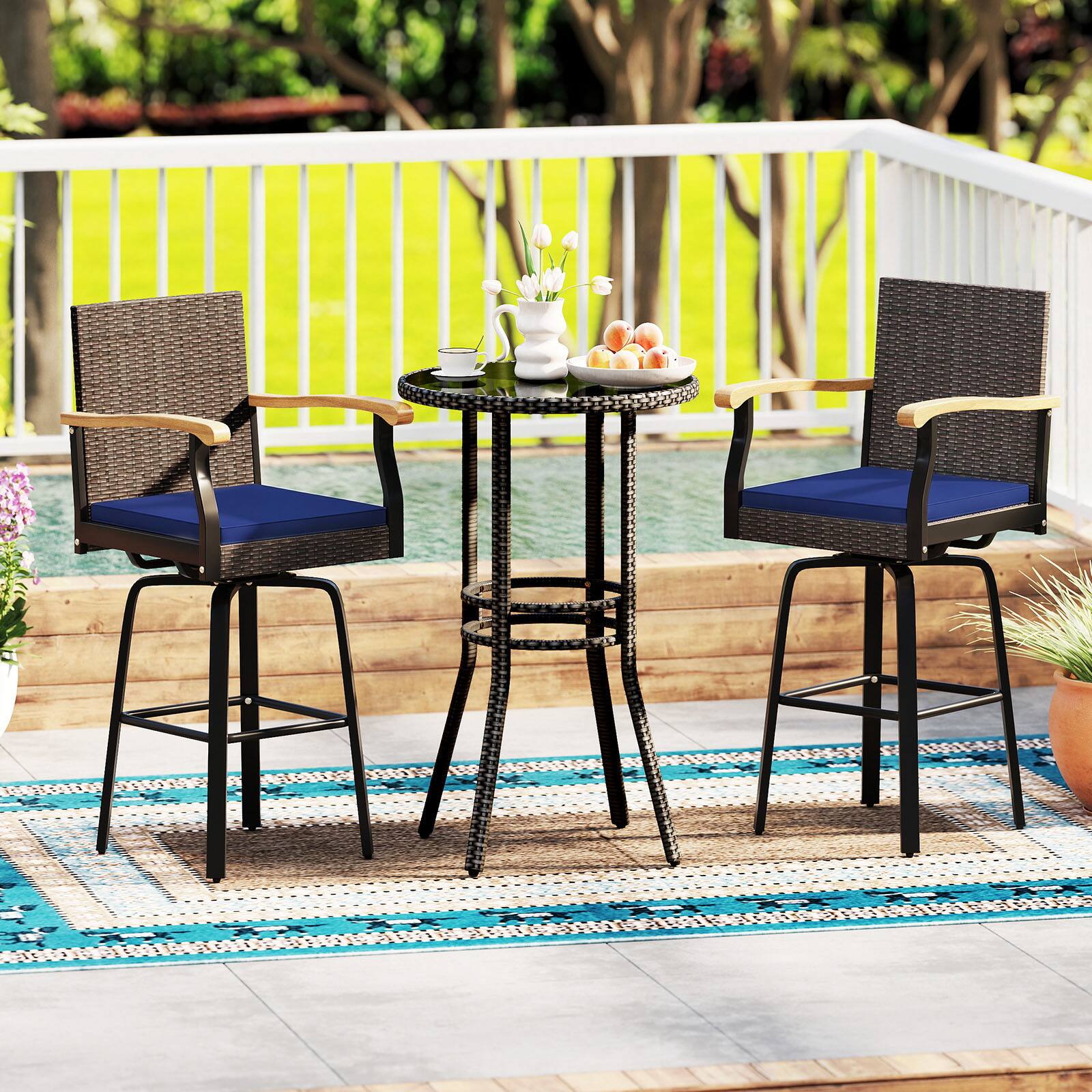 Alt View 1. Gymax - Gymax 2PCS 29'' Outdoor 360-Degree Swivel Bar Stool w/Cushion Acacia Wood Armrests Footrest Mix Brown & Navy - Blue.