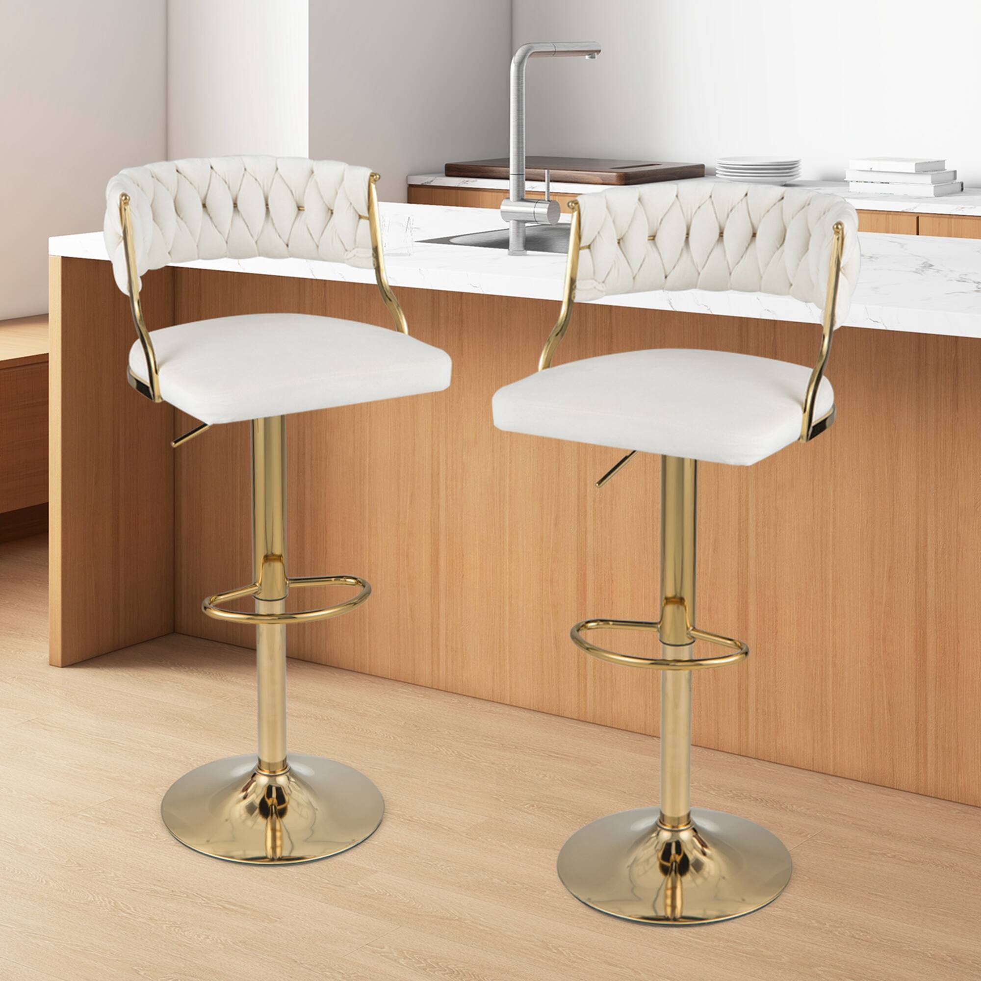 Alt View 1. Costway - Swivel Velvet Bar Stools Set of 2 Upholstered Adjustable with Woven Backrest - Beige/Gold.