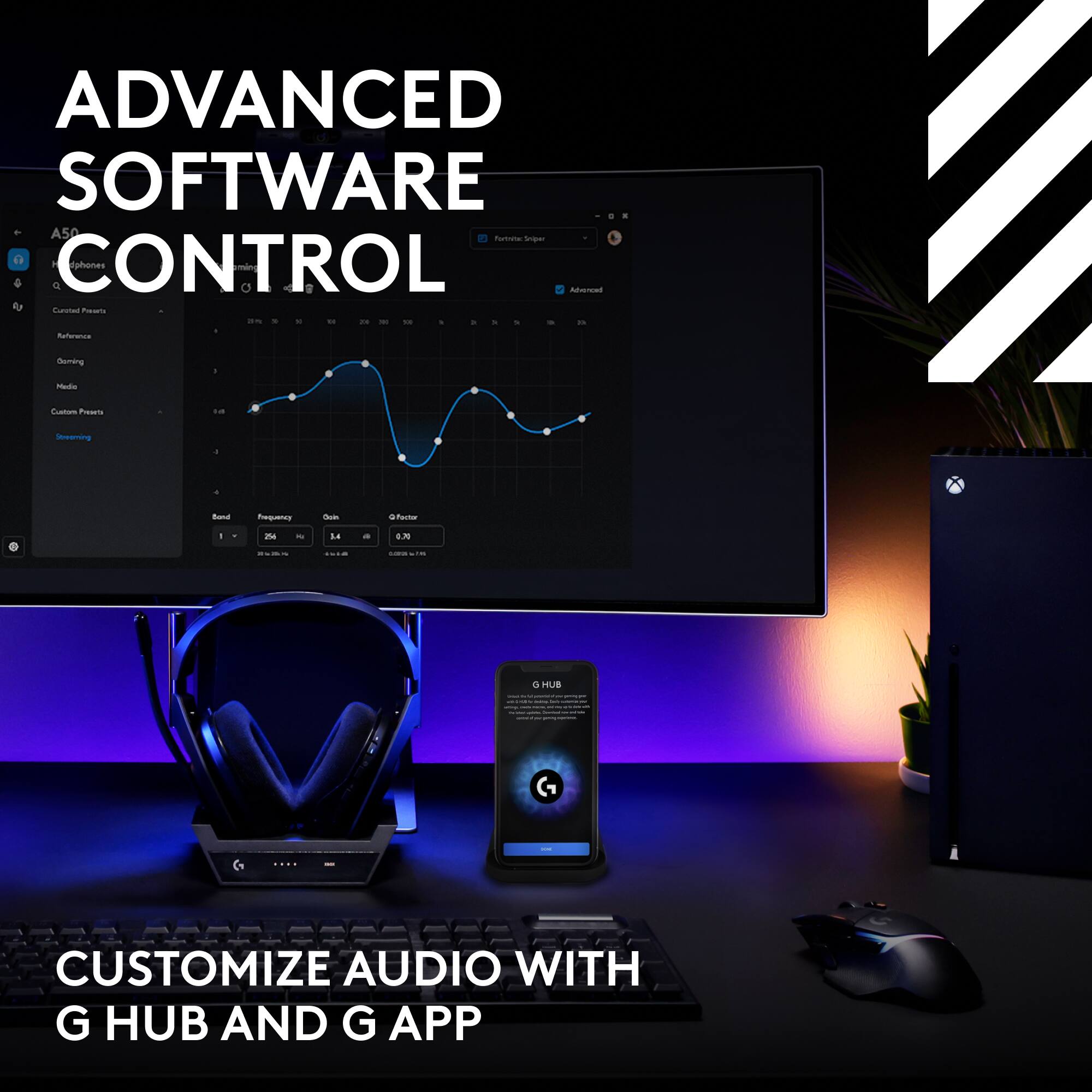 Advanced Software Control: Customize Audio with G Hub and G App.