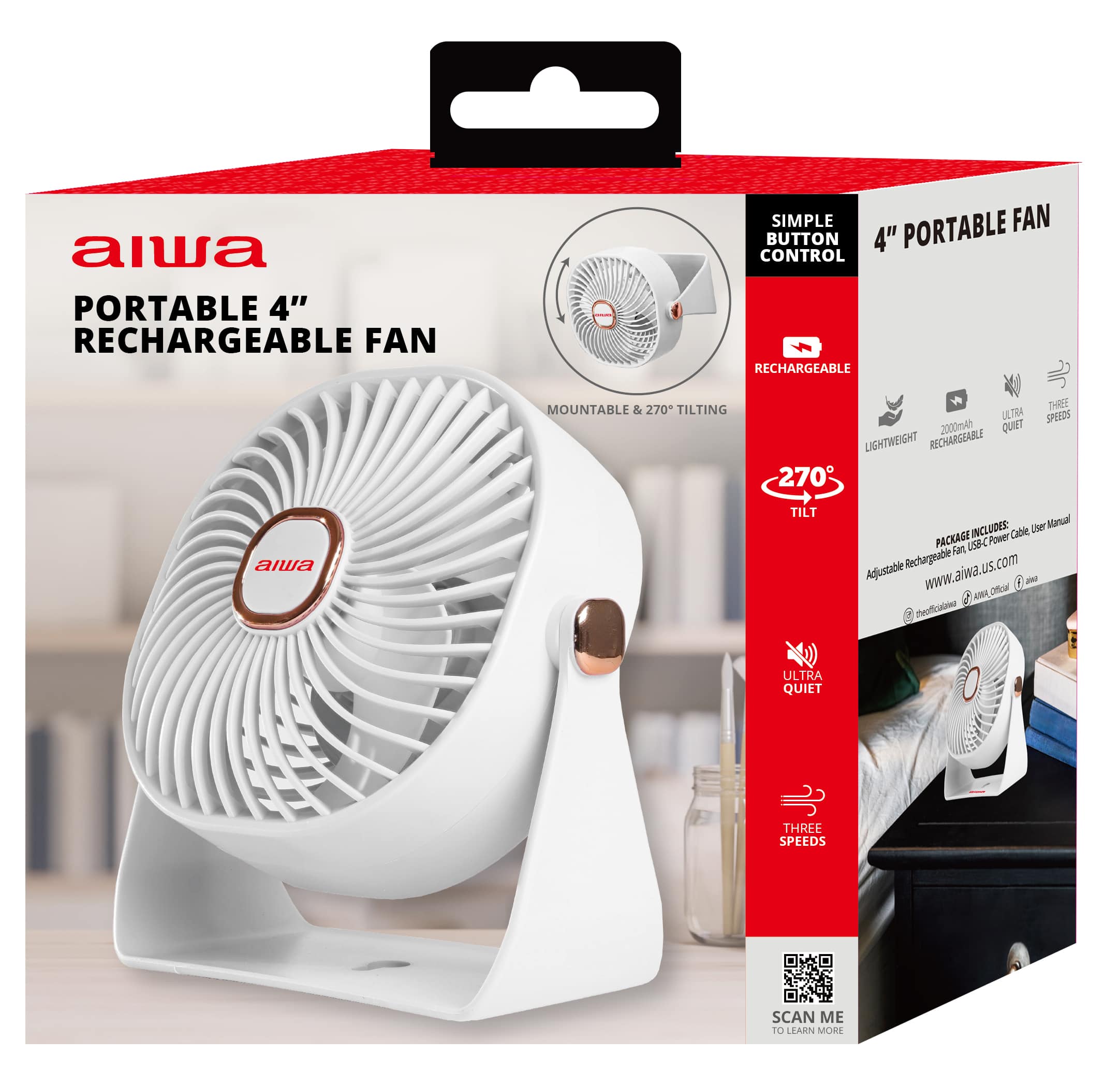 Aiwa - 4-Inch USB-C Rechargeable Desk Fan, 3-Speed Portable Mini Fan with 270° Adjustable Head, Quiet Operation - White