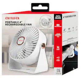 Aiwa - 4-Inch USB-C Rechargeable Desk Fan, 3-Speed Portable Mini Fan with 270° Adjustable Head, Quiet Operation - White