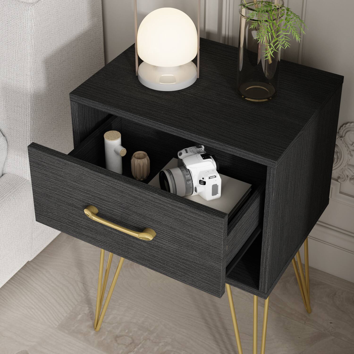 Alt View 7. FUFU & GAGA - Modern Single Drawer Nightstand Bedside Table with Gold Metal Legs Accent End Table with Storage for Bedroom Living Room - Black.