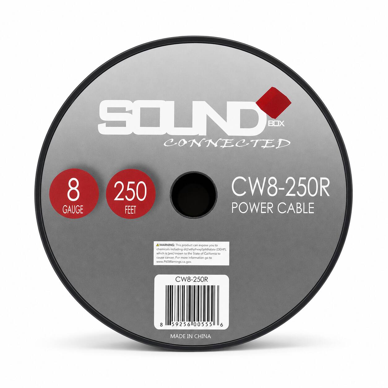 SOUND BOX CONNECTED  
8 GAUGE  
250 FEET  
CW8-250R POWER CABLE  
WARNING: This product can expose you to chemicals including di(2-ethylhexyl)phthalate (DEHP), which is known to the State of California to cause cancer. For more information go to www.P6SWarnings.ca.gov.  
CW8-250R  
8  
59256 00555  
6  
MADE IN CHINA