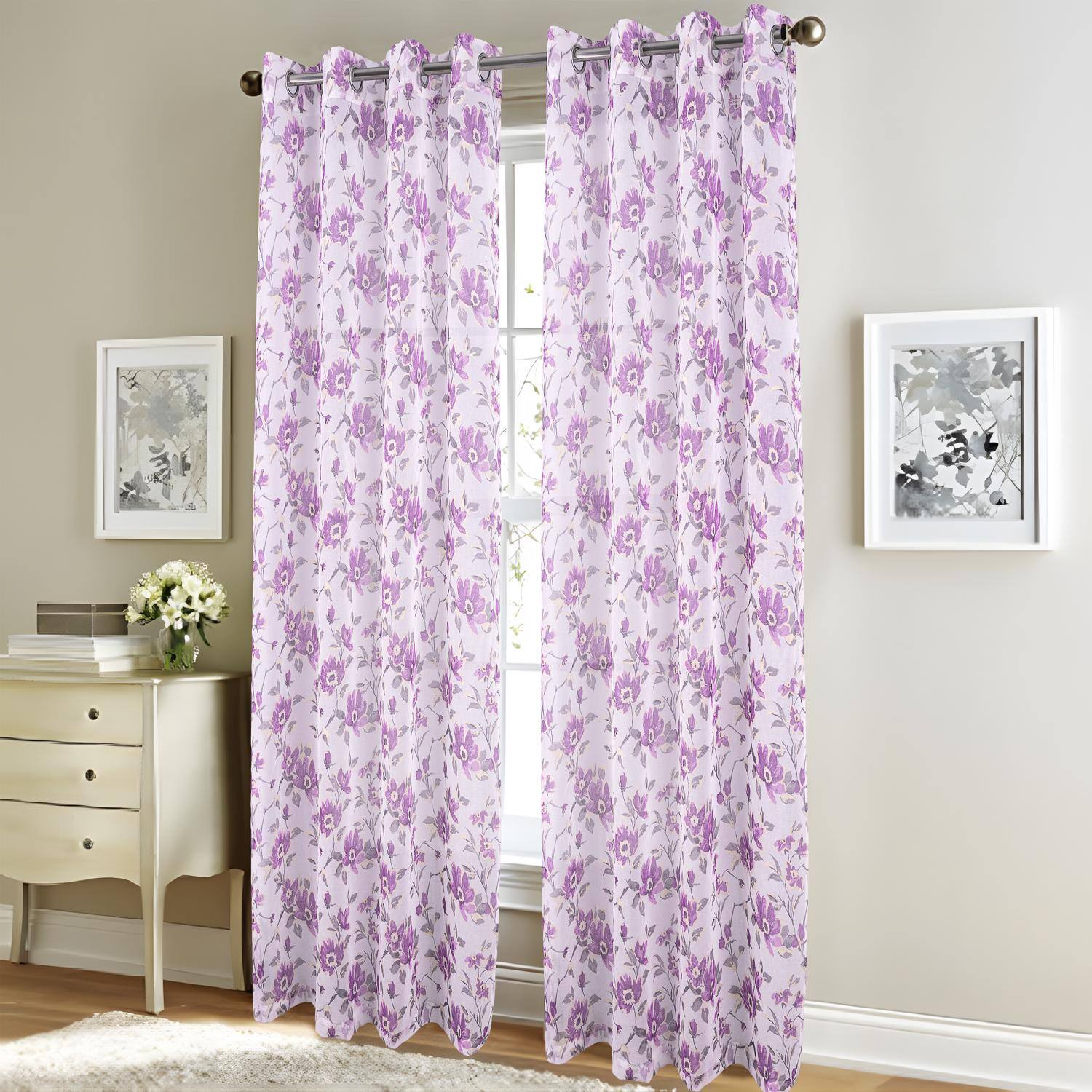 Angle. RT Designers Collection - RT Designers Collection Meadow Grommet Metallic Sheer Printed Doily Curtain Panel 54" x 95" Lilac - Lilac.