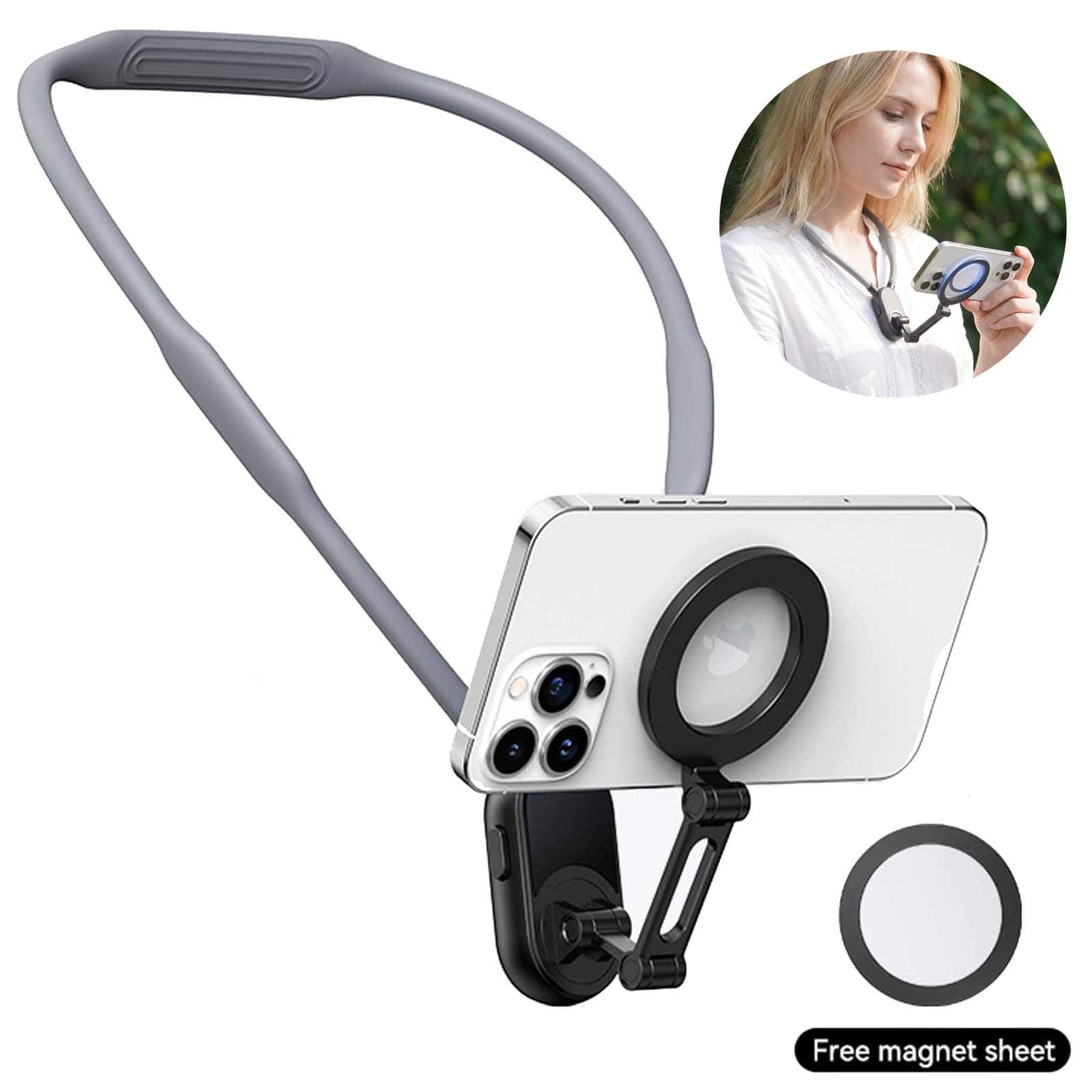 Dteck - Magnetic Neck Mount for Phones Hands Free Wearable POV Vlog Smartphone Video Recording Holder - Gray