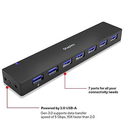 Staples

7 ports for all your connectivity needs

Powered by 3.0 USB-A
Gen 3.0 supports data transfer speed of 5 Gbps, 10X faster than 2.0
