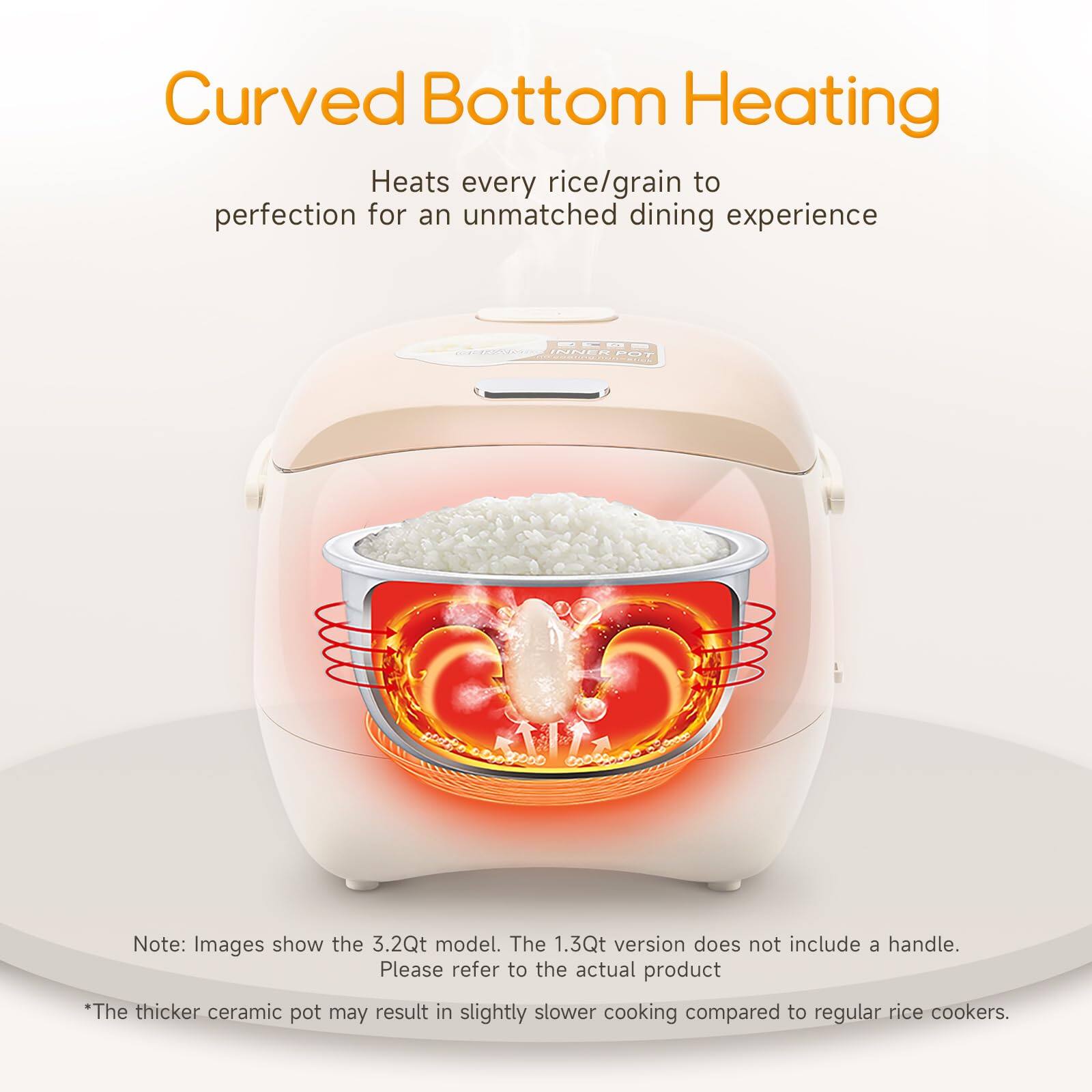 Curved Bottom Heating  
Heats every rice/grain to perfection for an unmatched dining experience  

INNER POT  

Note: Images show the 3.2Qt model. The 1.3Qt version does not include a handle. Please refer to the actual product  

*The thicker ceramic pot may result in slightly slower cooking compared to regular rice cookers.