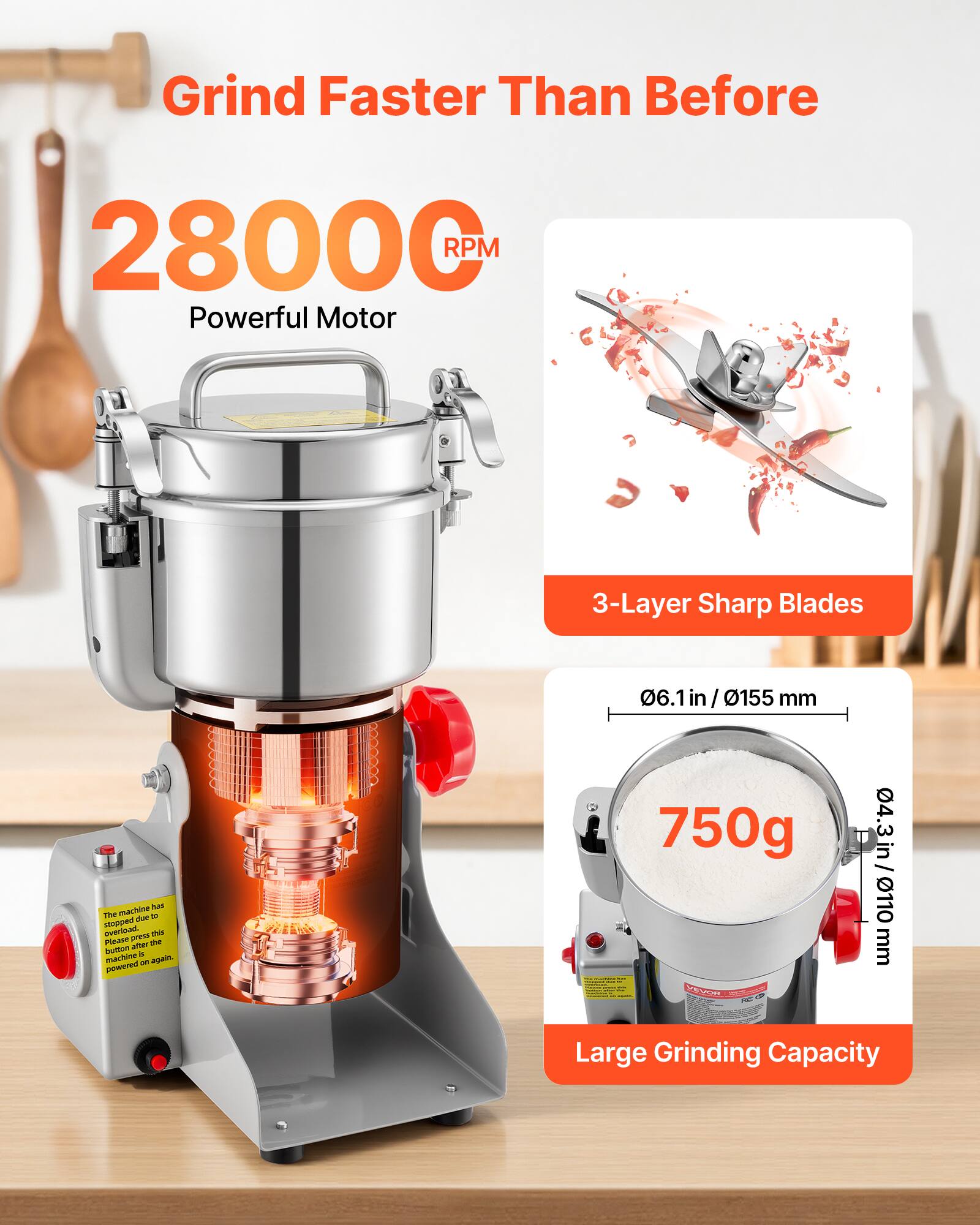 Grind Faster Than Before

28000 RPM Powerful Motor

3-Layer Sharp Blades

The machine has stopped due to overload. Please press this button to turn the machine on again, powered

06.1 in / 0155 mm 750g 04.3 in / 0110 mm

MOVEY Large Grinding Capacity