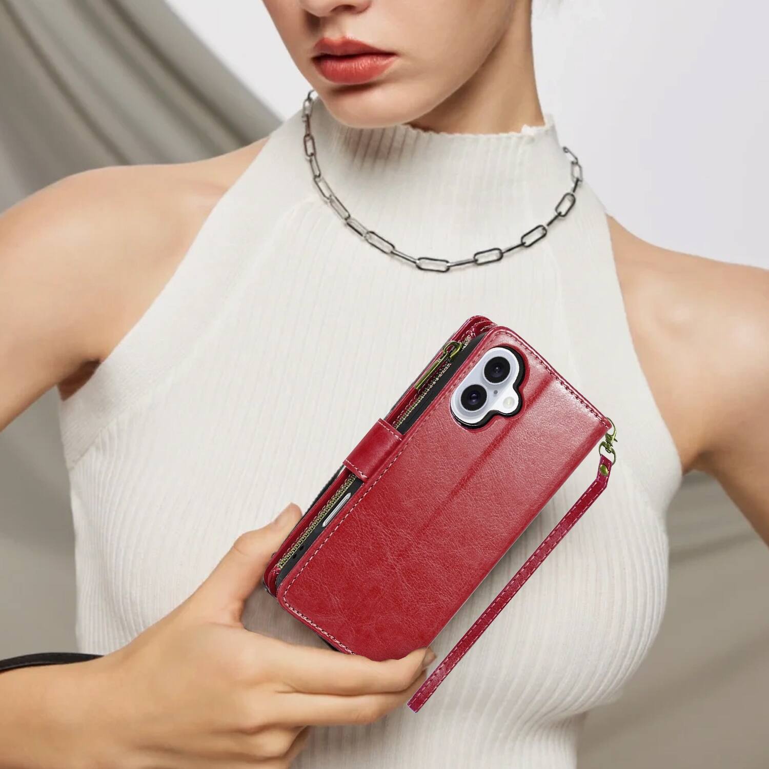 Alt View 7. Equipd - Phone Case for iPhone 17 6.3", Luxury Wallet Card ID Zipper Money Holder Cover (Red) - Red.